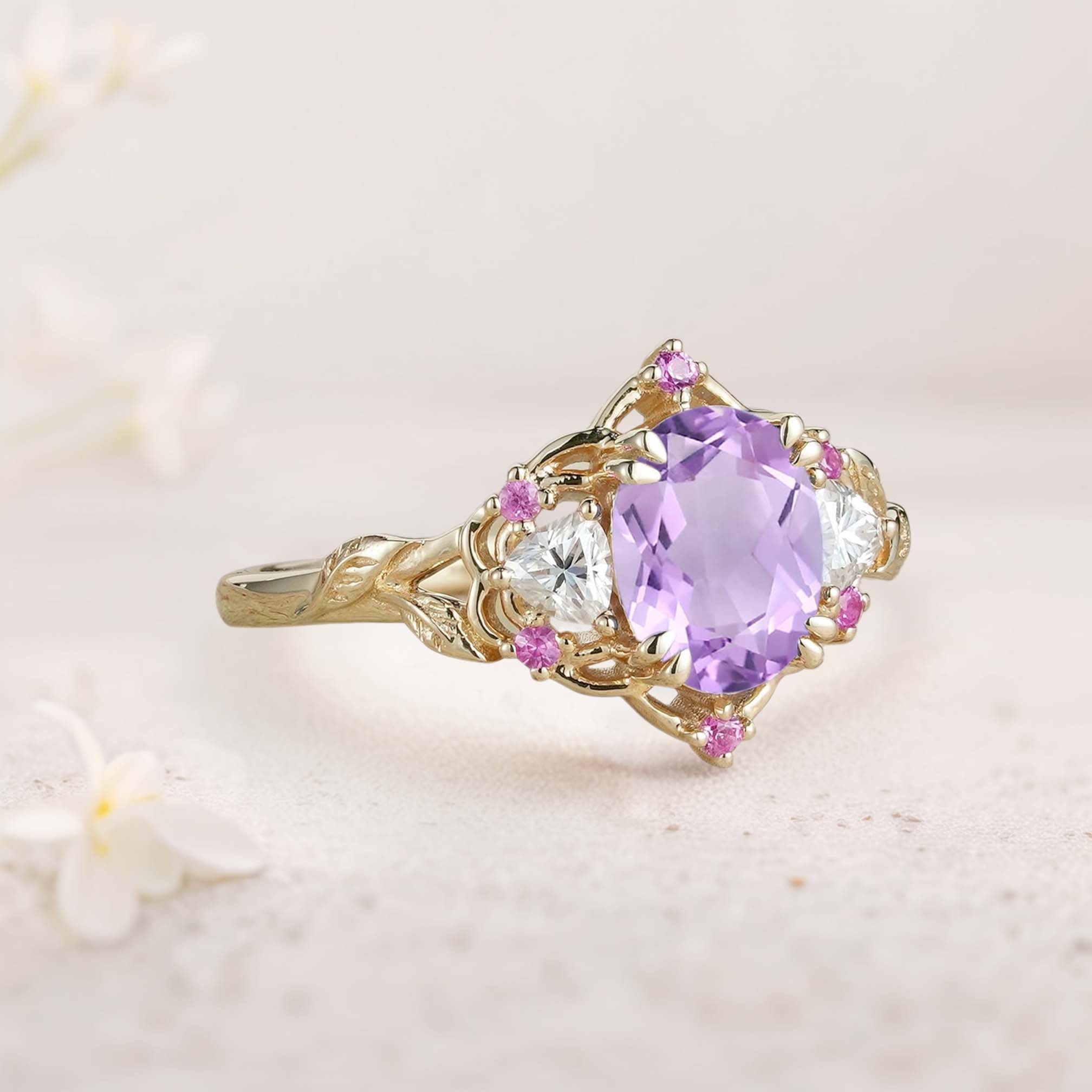 Unique Three Stone Oval Amethyst and Moissanite 18K Yellow Gold Engagement Ring