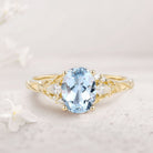 Unique Oval Lab Aquamarine and Moissanite 18K Yellow Gold Wedding Ring