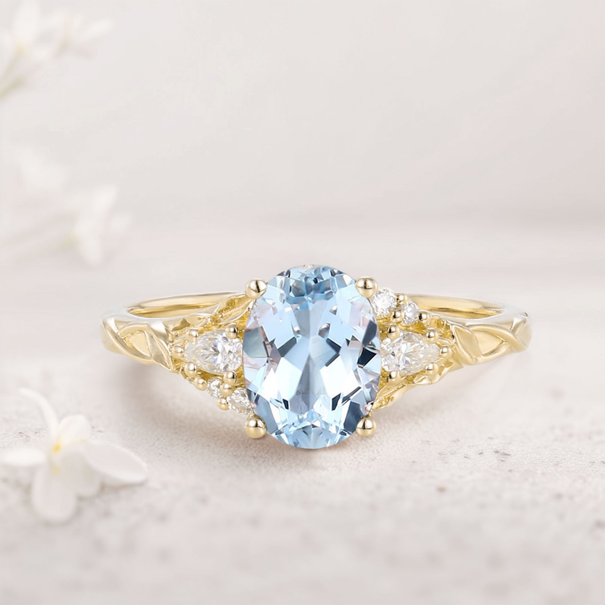Unique Oval Lab Aquamarine and Moissanite 18K Yellow Gold Wedding Ring