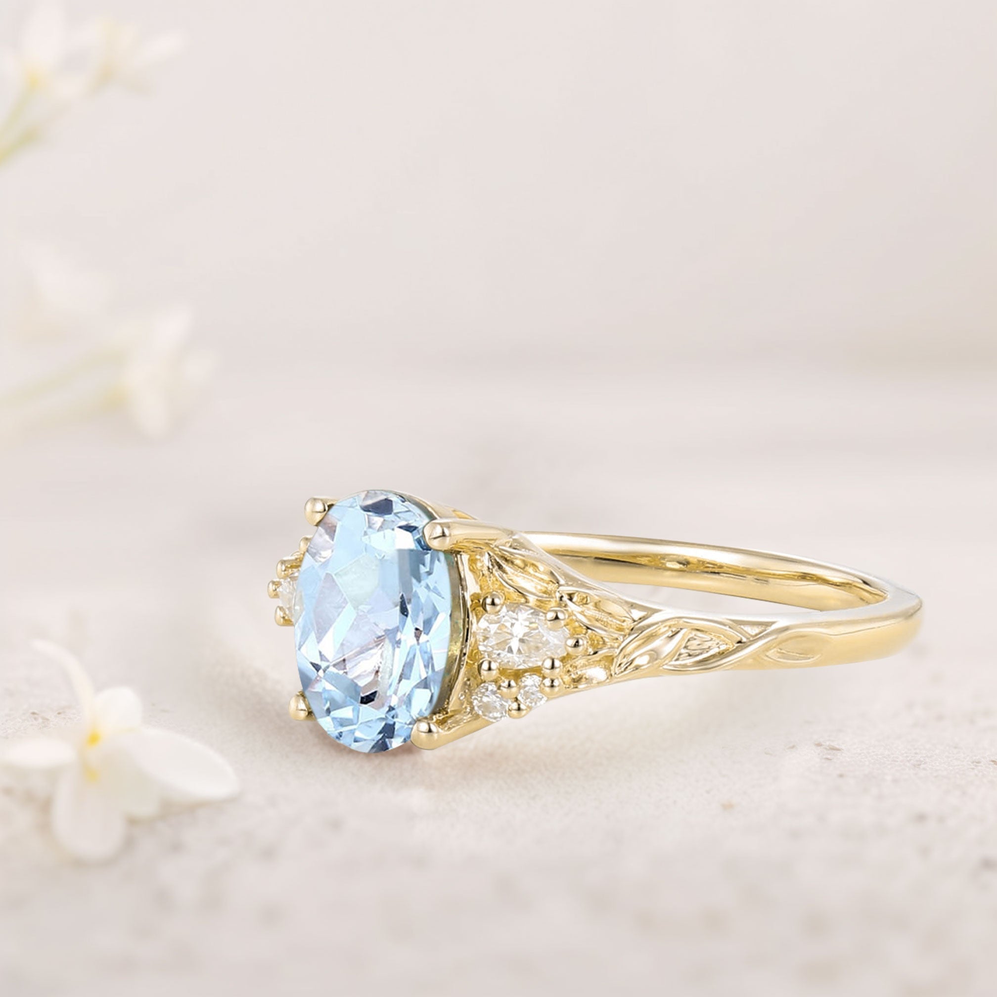 Unique Oval Lab Aquamarine and Moissanite 18K Yellow Gold Wedding Ring
