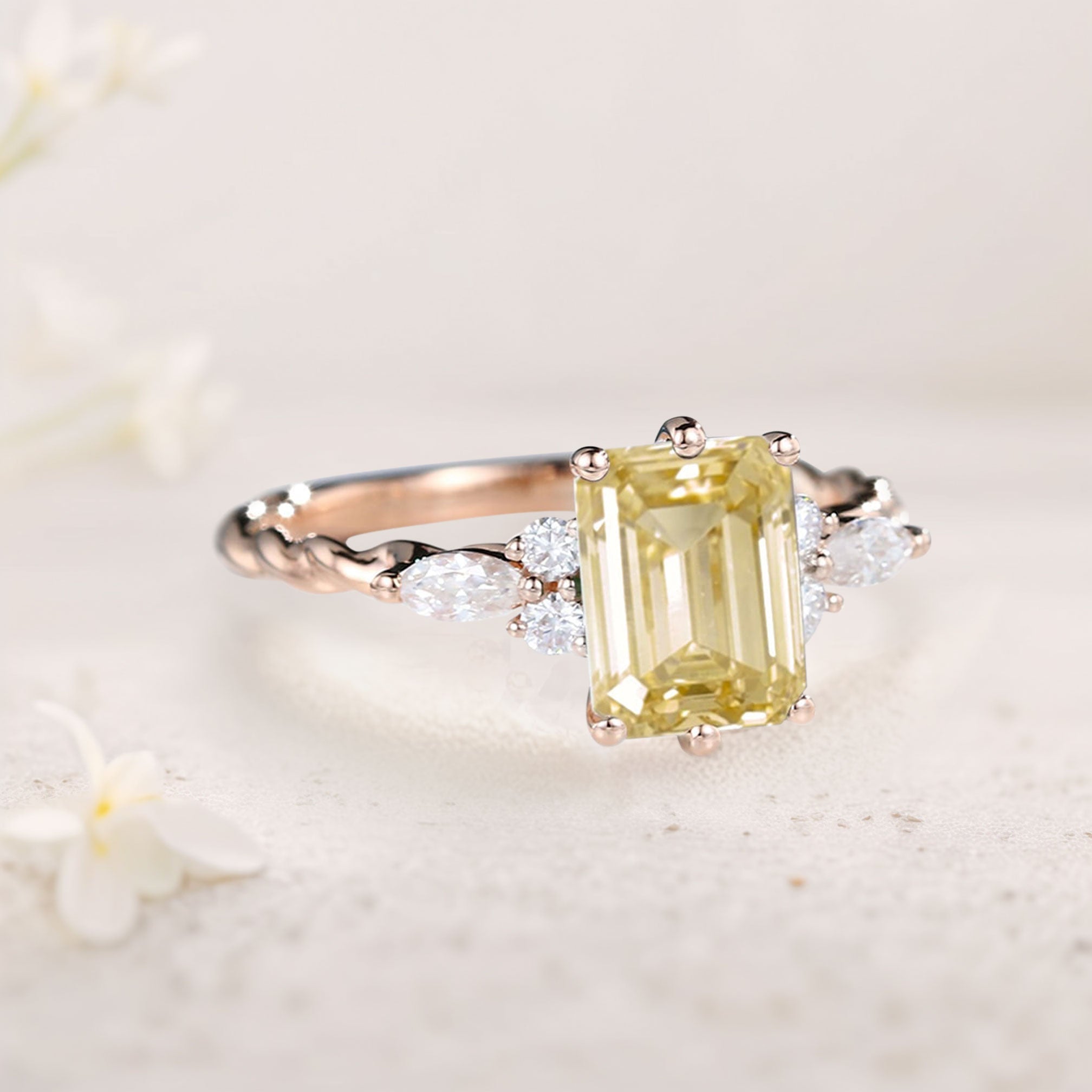 Vintage Emerald Cut Citrine Engagement Ring Twisted 18K Rose Gold Wedding Ring