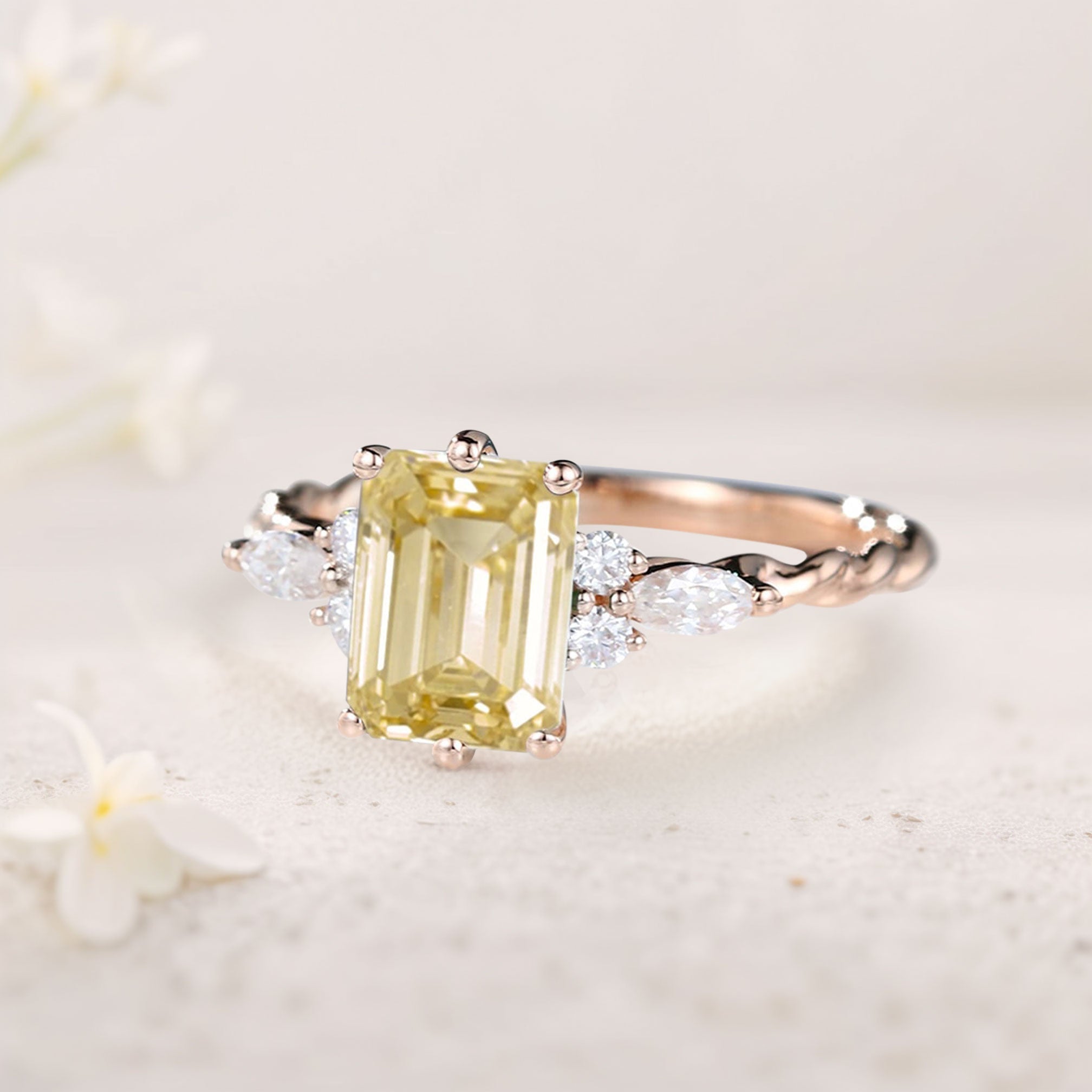 Vintage Emerald Cut Citrine Engagement Ring Twisted 18K Rose Gold Wedding Ring