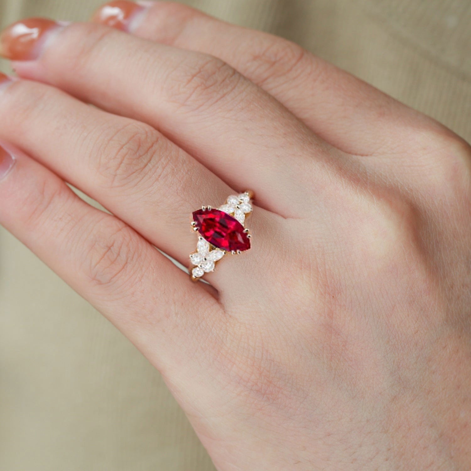 Unique Marquise Lab Ruby 18K Yellow Gold Engagement Ring Floral Elegance Bridal Ring