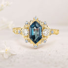 Unique floral engagement rings Long Hexagon Lab Topaz Engagement Ring Flower Leaf Design Topaz Cluster 18K Yellow Gold Promise Ring