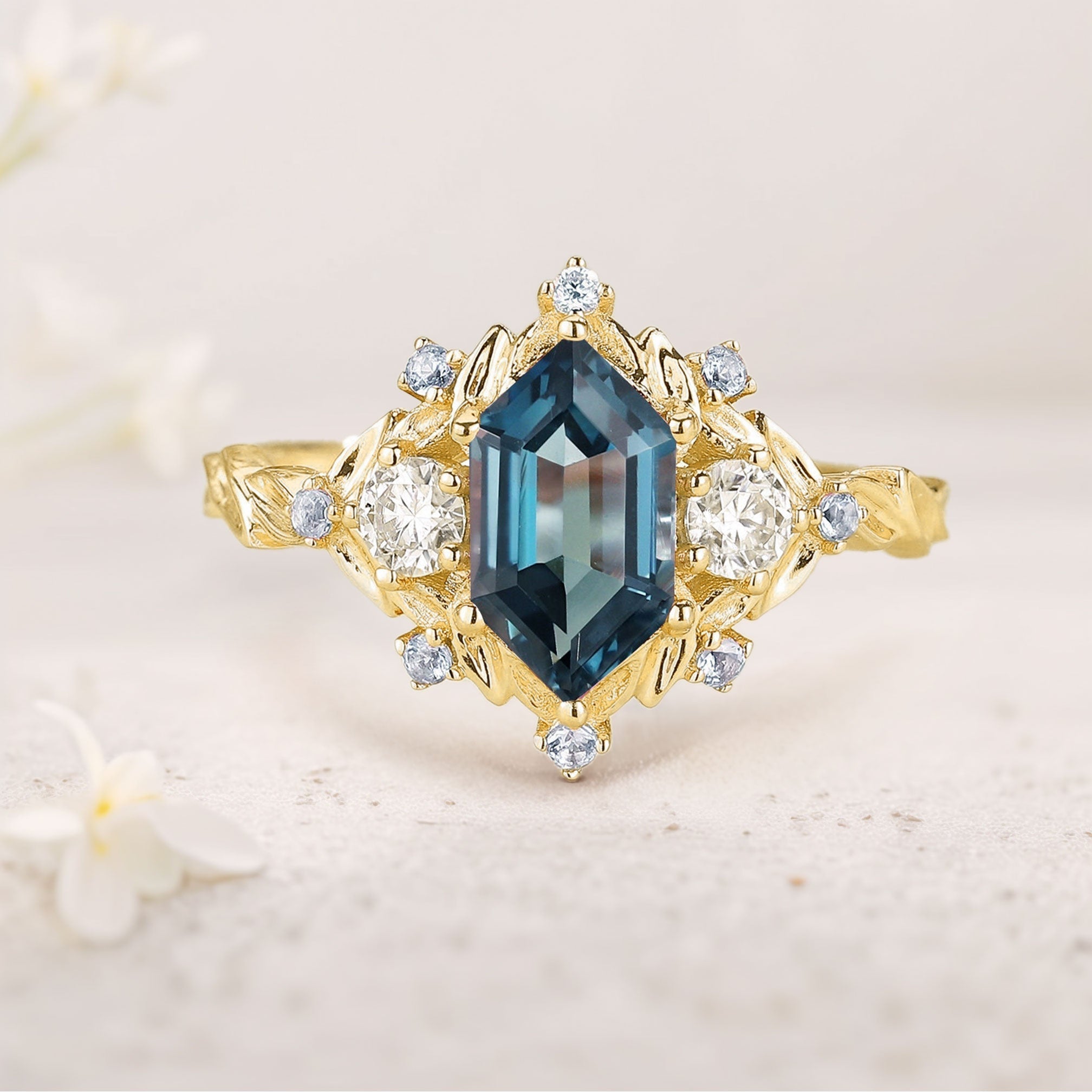 Unique floral engagement rings Long Hexagon Lab Topaz Engagement Ring Flower Leaf Design Topaz Cluster 18K Yellow Gold Promise Ring