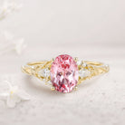 Unique Oval Pink Lab Padparadscha and Moissanite 18K Yellow Gold Wedding Ring
