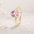 Unique Oval Pink Lab Padparadscha and Moissanite 18K Yellow Gold Wedding Ring
