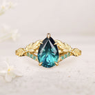 Unique floral engagement rings Pear Green Lab Sapphire Leaf 18K Yellow Gold Engagement Ring