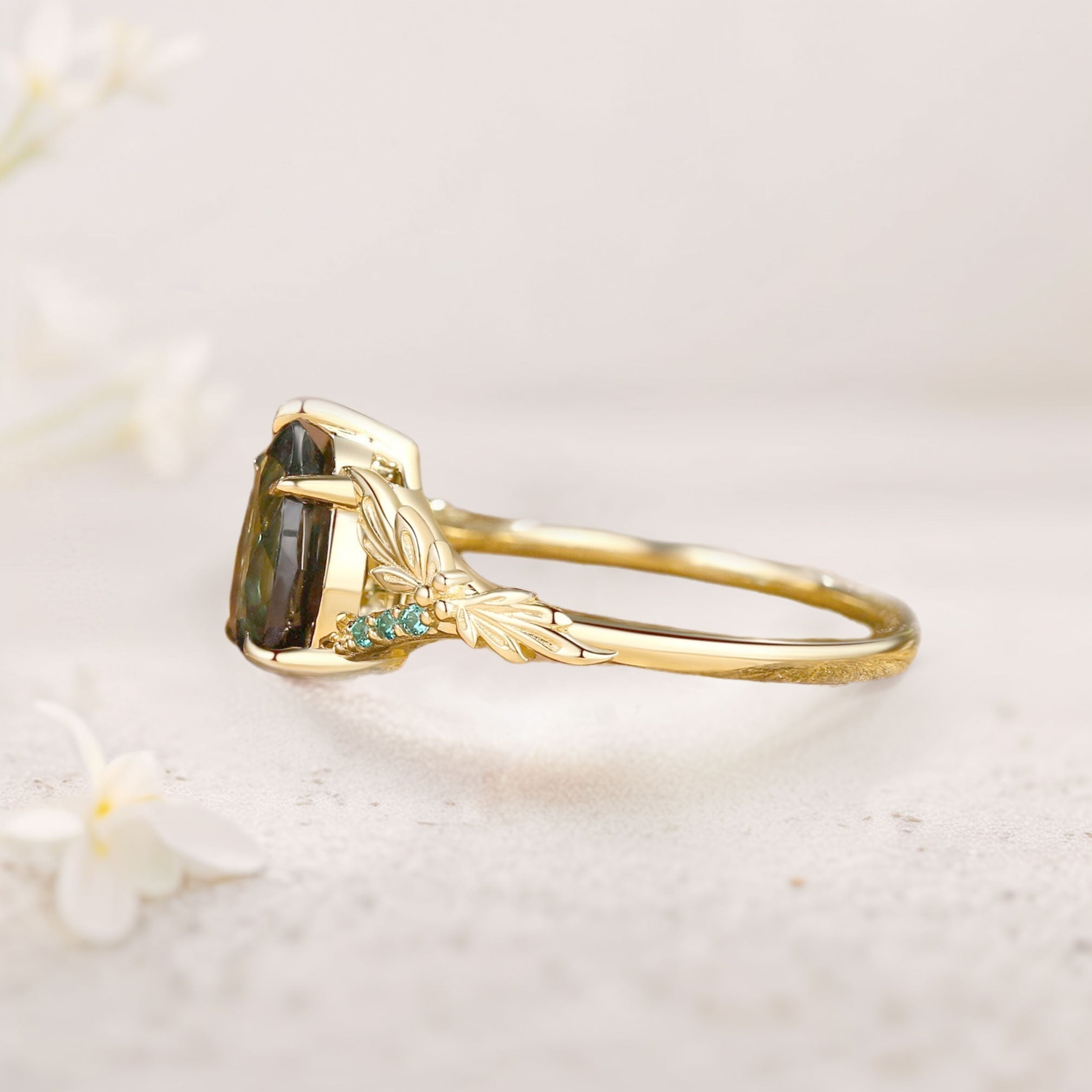 Unique floral engagement rings Pear Green Lab Sapphire Leaf 18K Yellow Gold Engagement Ring