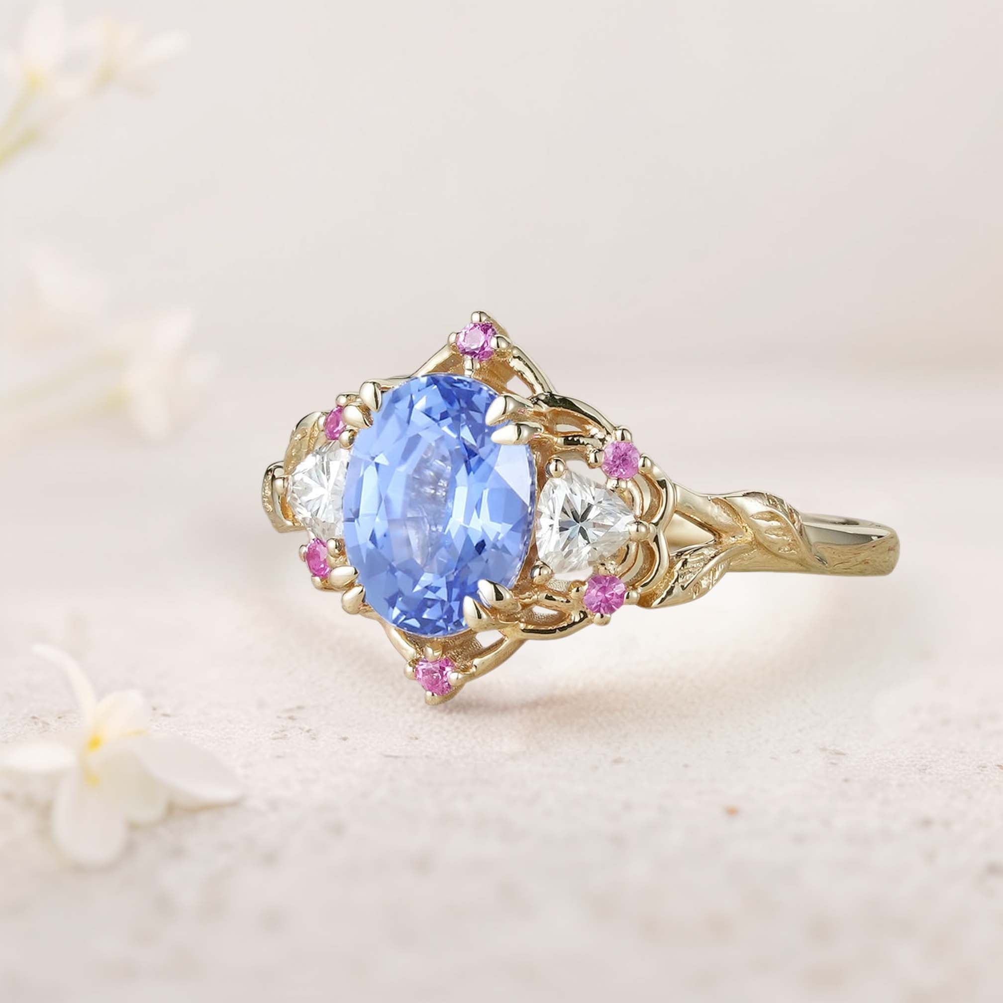 Unique Three Stone Oval Lab Sapphire 18K Yellow Gold Engagement Ring
