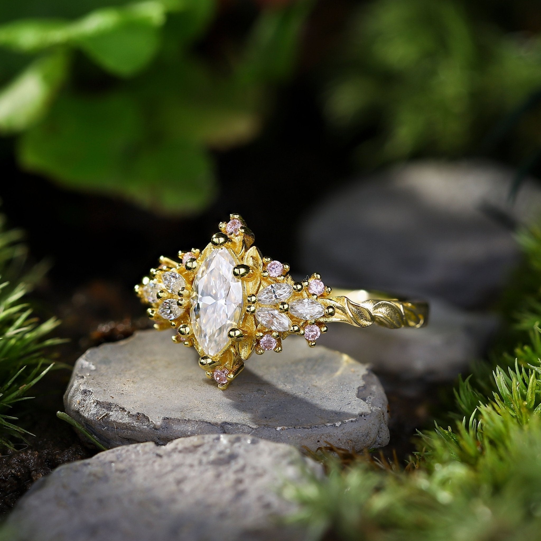 Unique Briar Rose Starlight Marquise Moissanite and Pink Lab Sapphire Ring - Oore Jewelry