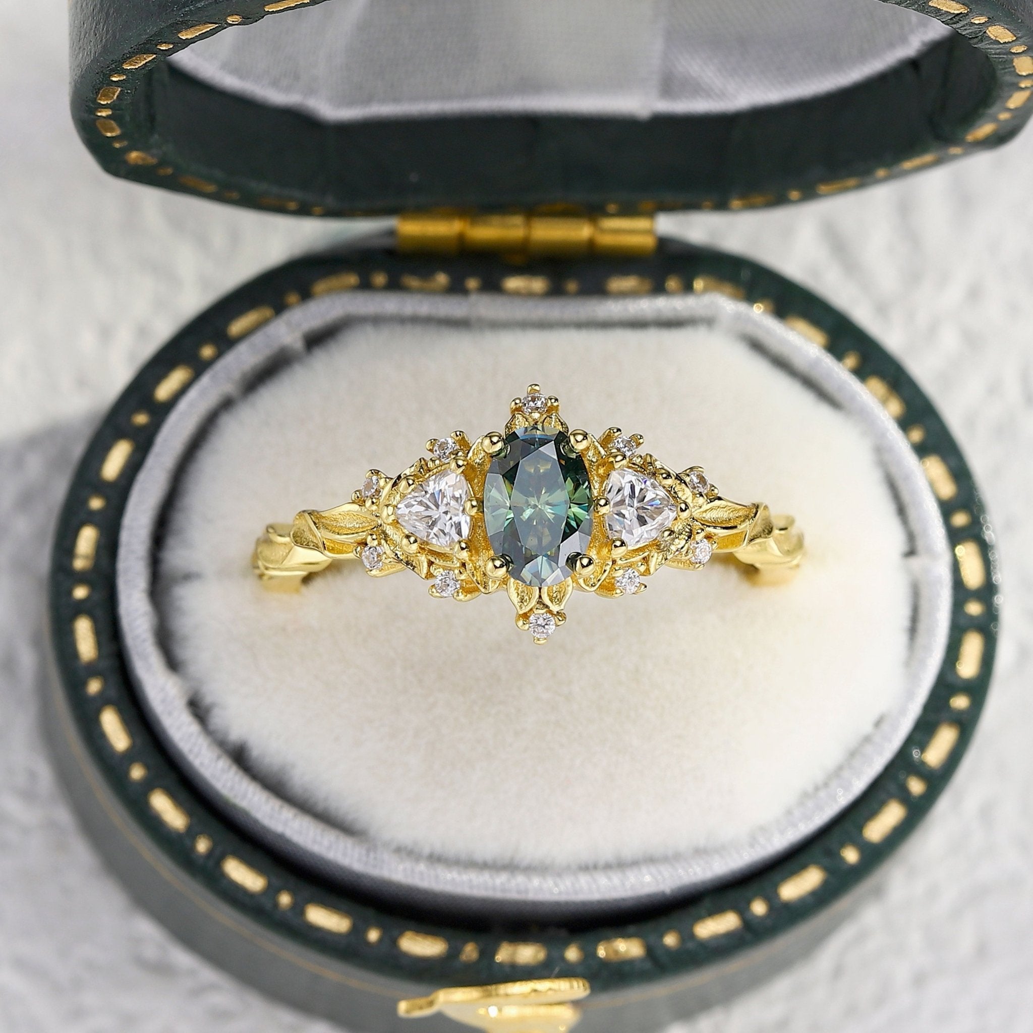 Unique Briar Rose Three Stone Oval Teal Moissanite Ring - Oore Jewelry