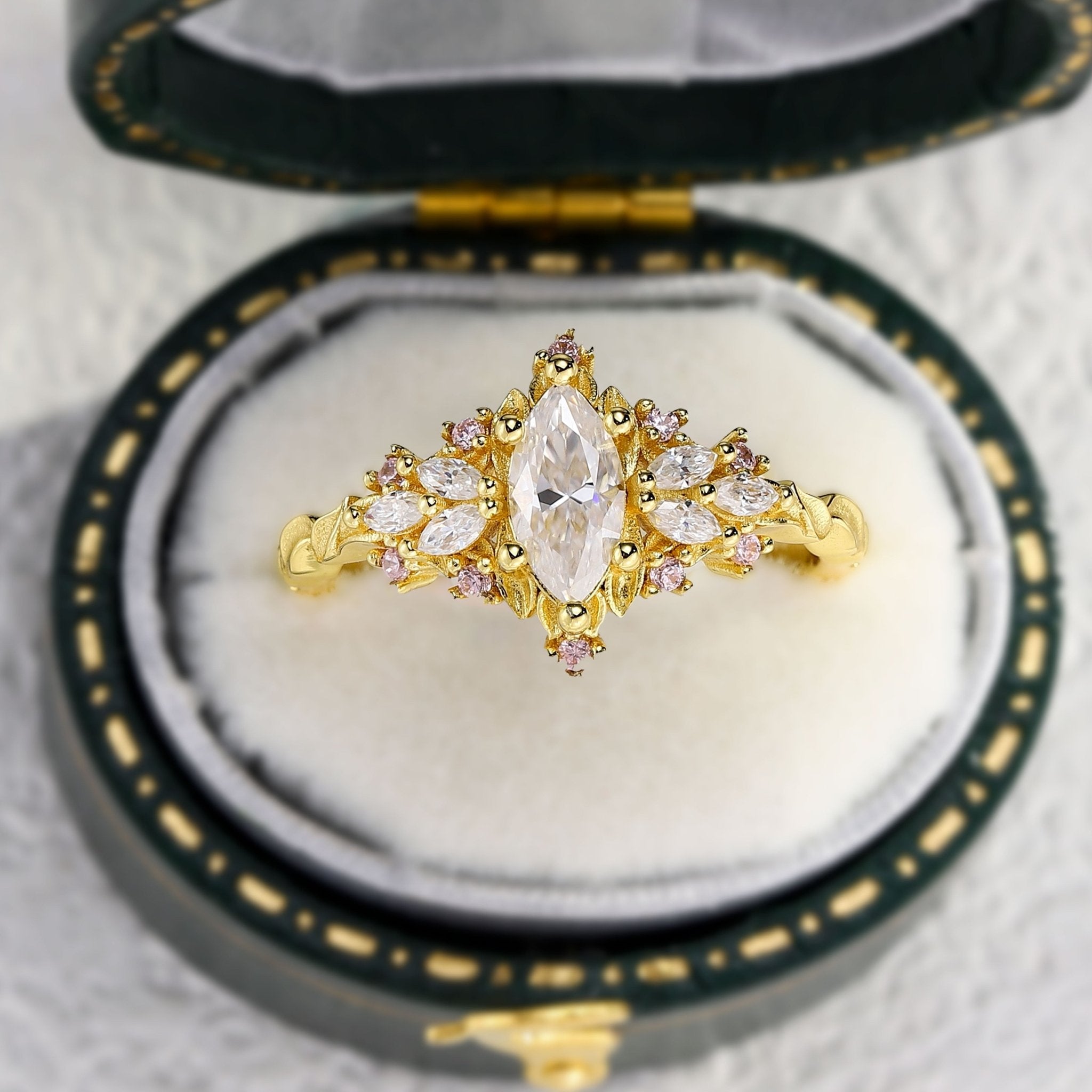 Unique Briar Rose Starlight Marquise Moissanite and Pink Lab Sapphire Ring - Oore Jewelry