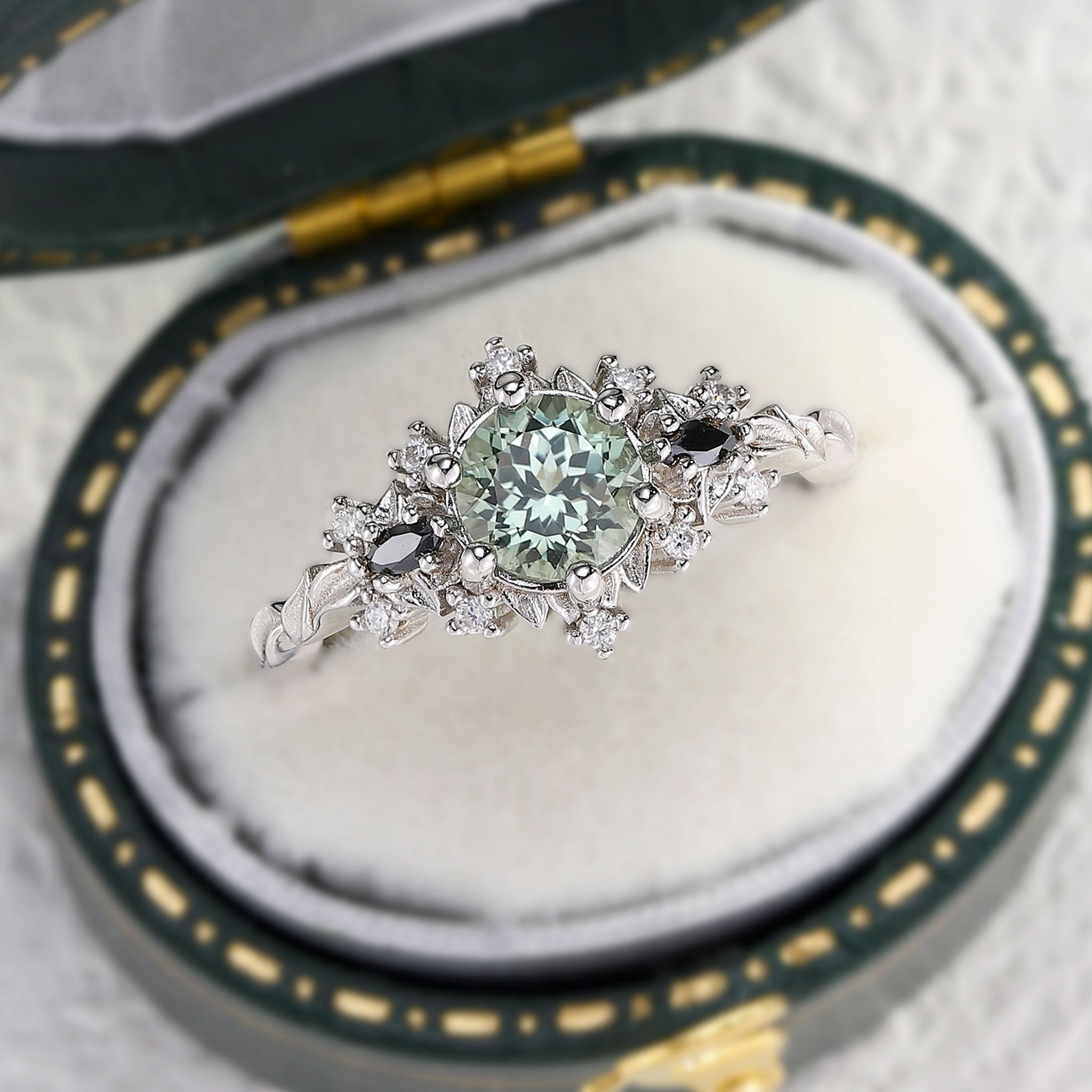 Unique Briar Rose Round Green Lab Sapphire and Black Moissanite Ring - Oore Jewelry