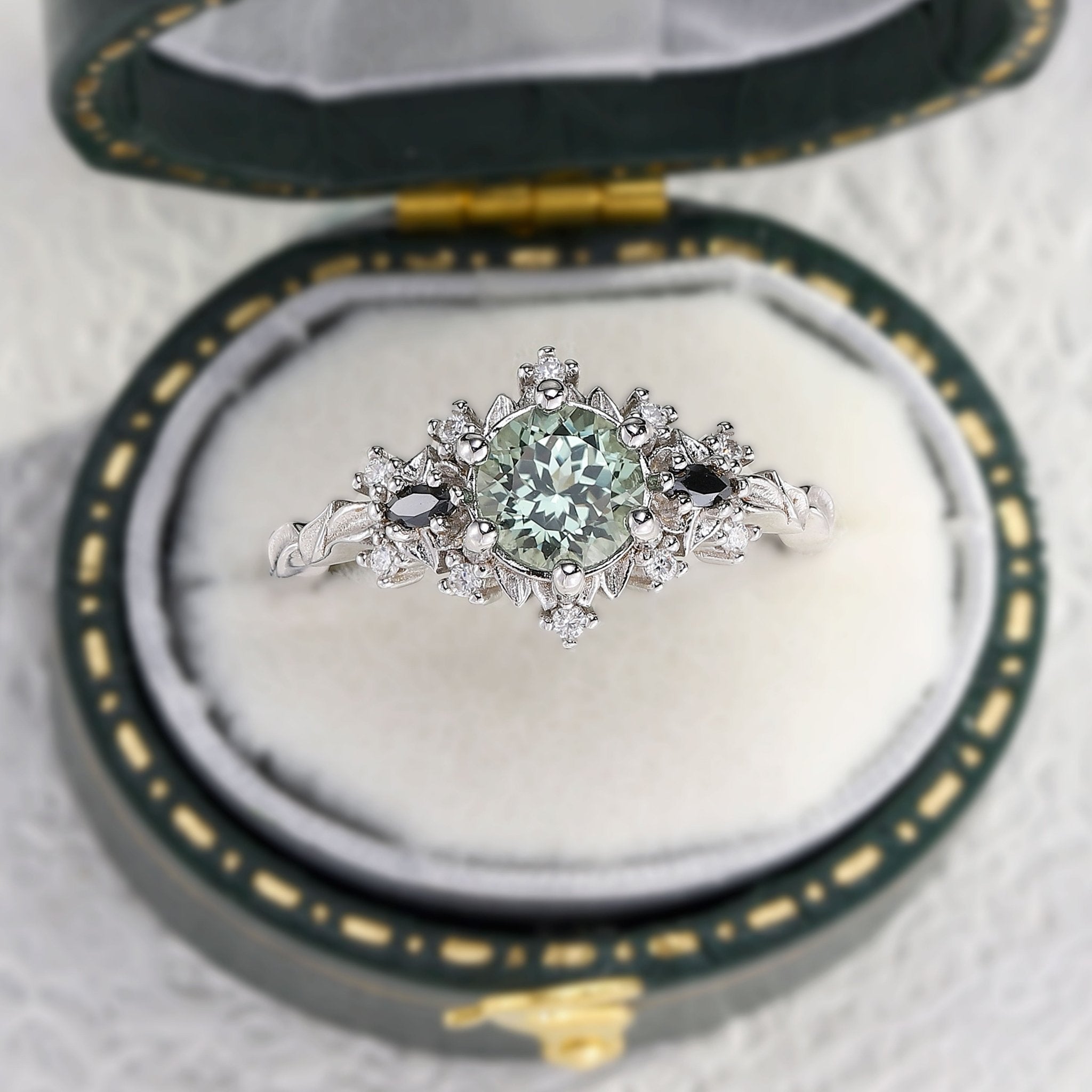 Unique Briar Rose Round Green Lab Sapphire and Black Moissanite Ring - Oore Jewelry