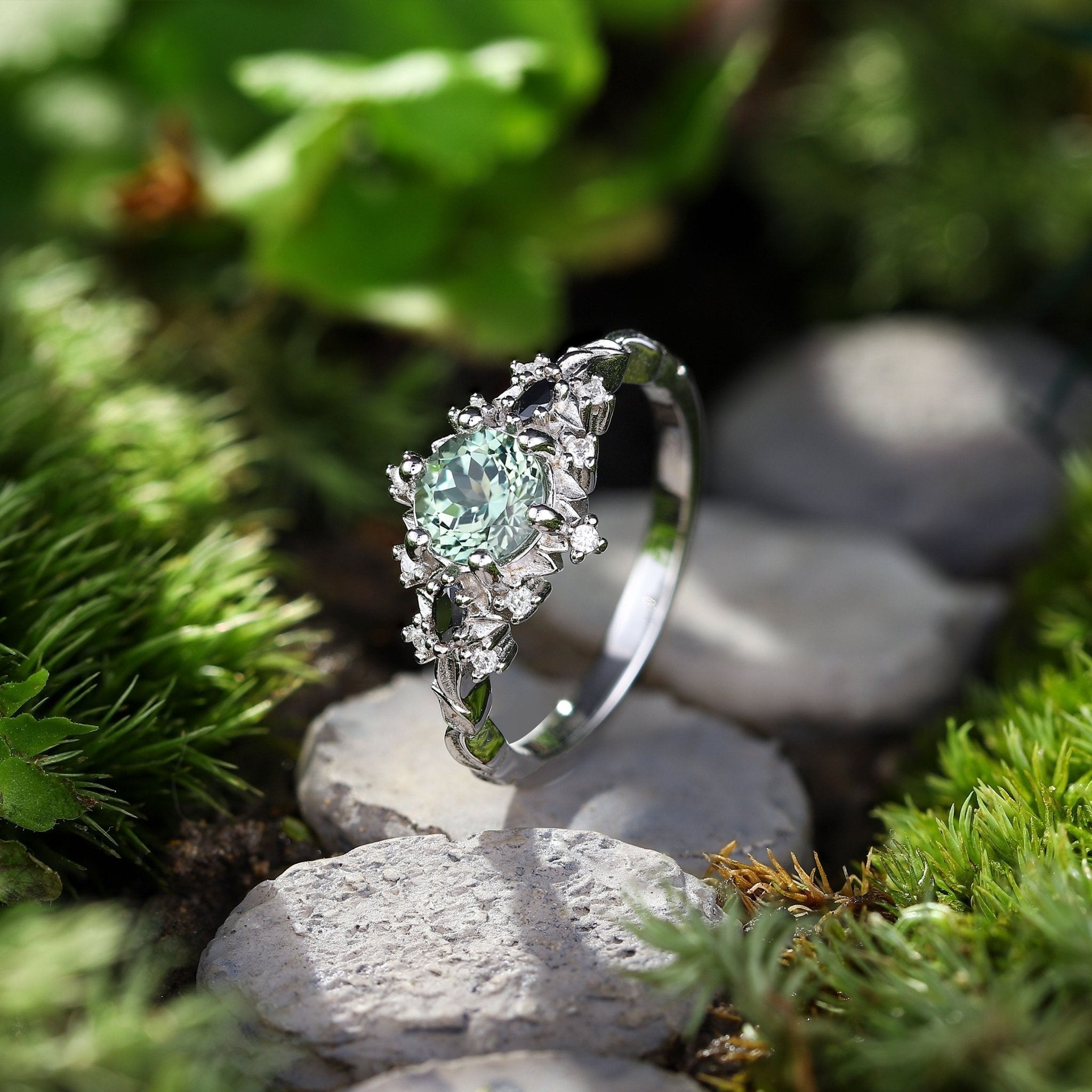 Unique Briar Rose Round Green Lab Sapphire and Black Moissanite Ring - Oore Jewelry