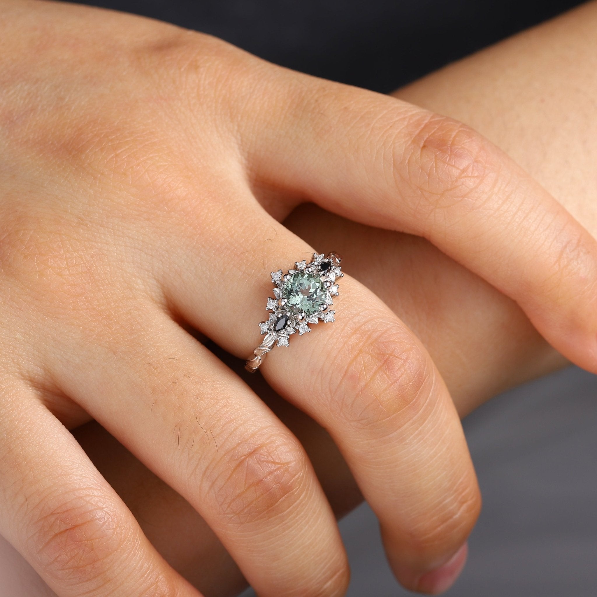 Unique Briar Rose Round Green Lab Sapphire and Black Moissanite Ring - Oore Jewelry