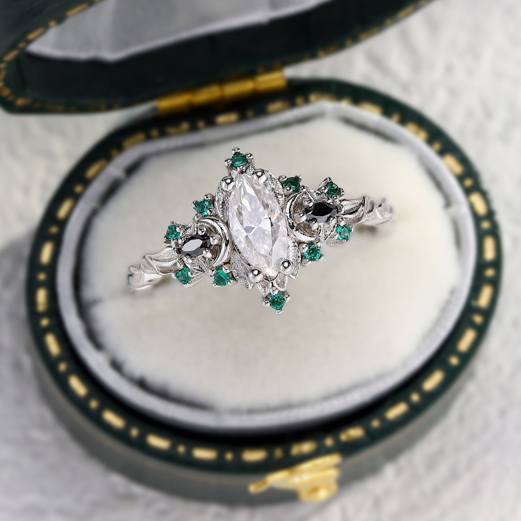 Unique Briar Moon Three Stone Marquise Moissanite and Lab Emerald Ring - Oore Jewelry