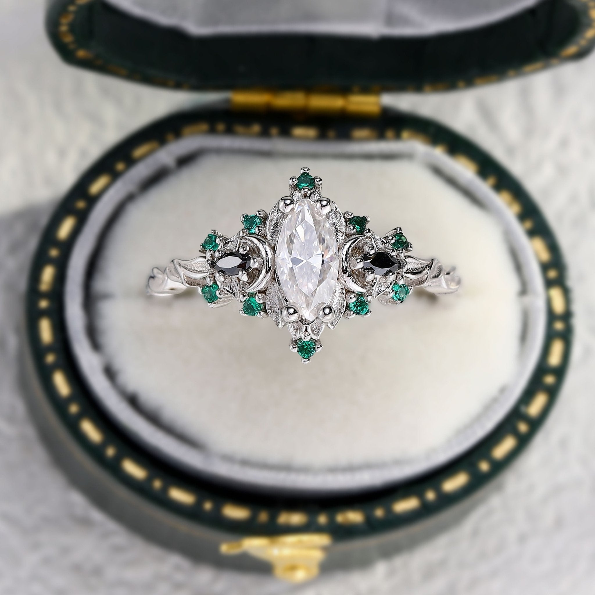 Unique Briar Moon Three Stone Marquise Moissanite and Lab Emerald Ring - Oore Jewelry