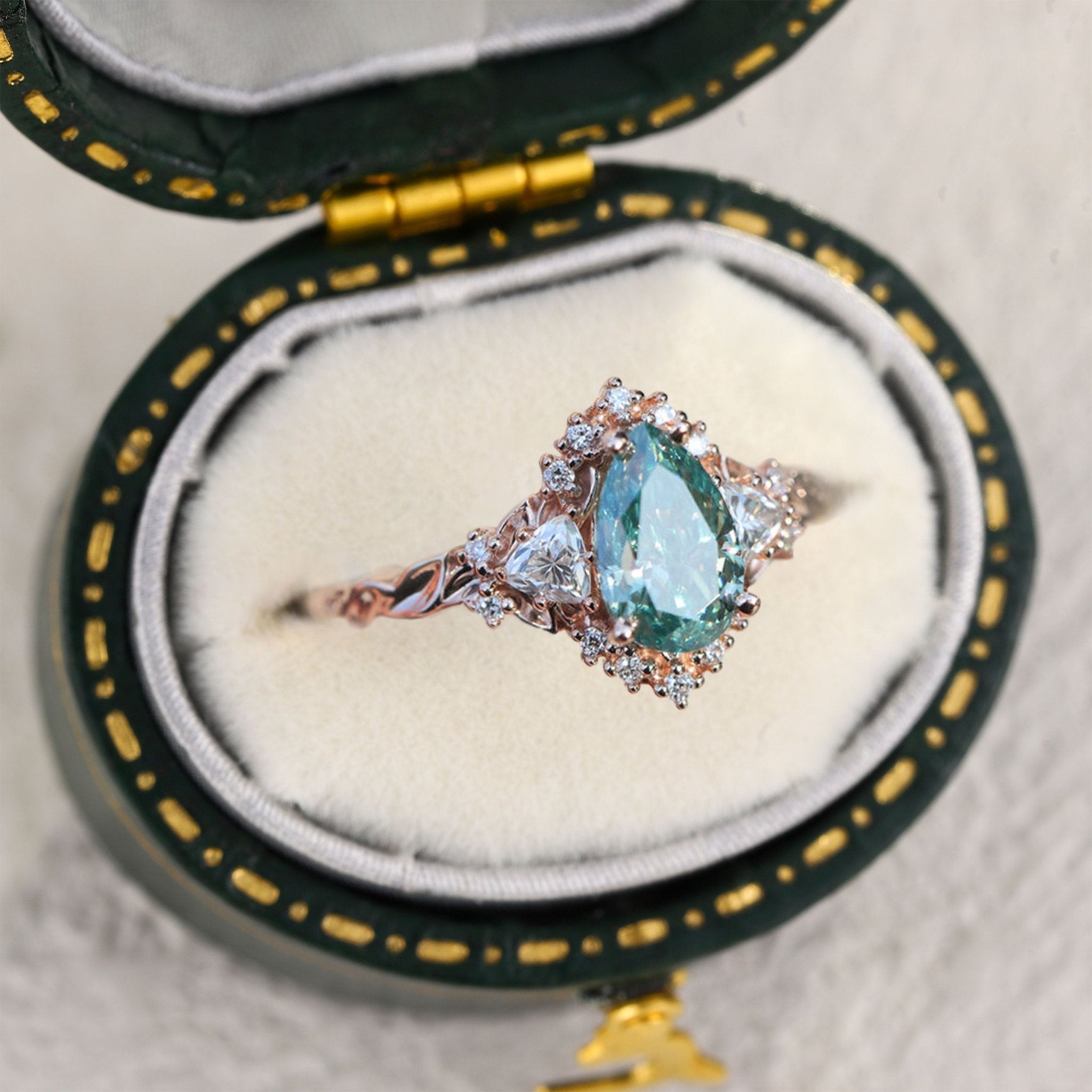 Unique Briar Half Halo Pear Teal Moissanite Ring - Oore Jewelry