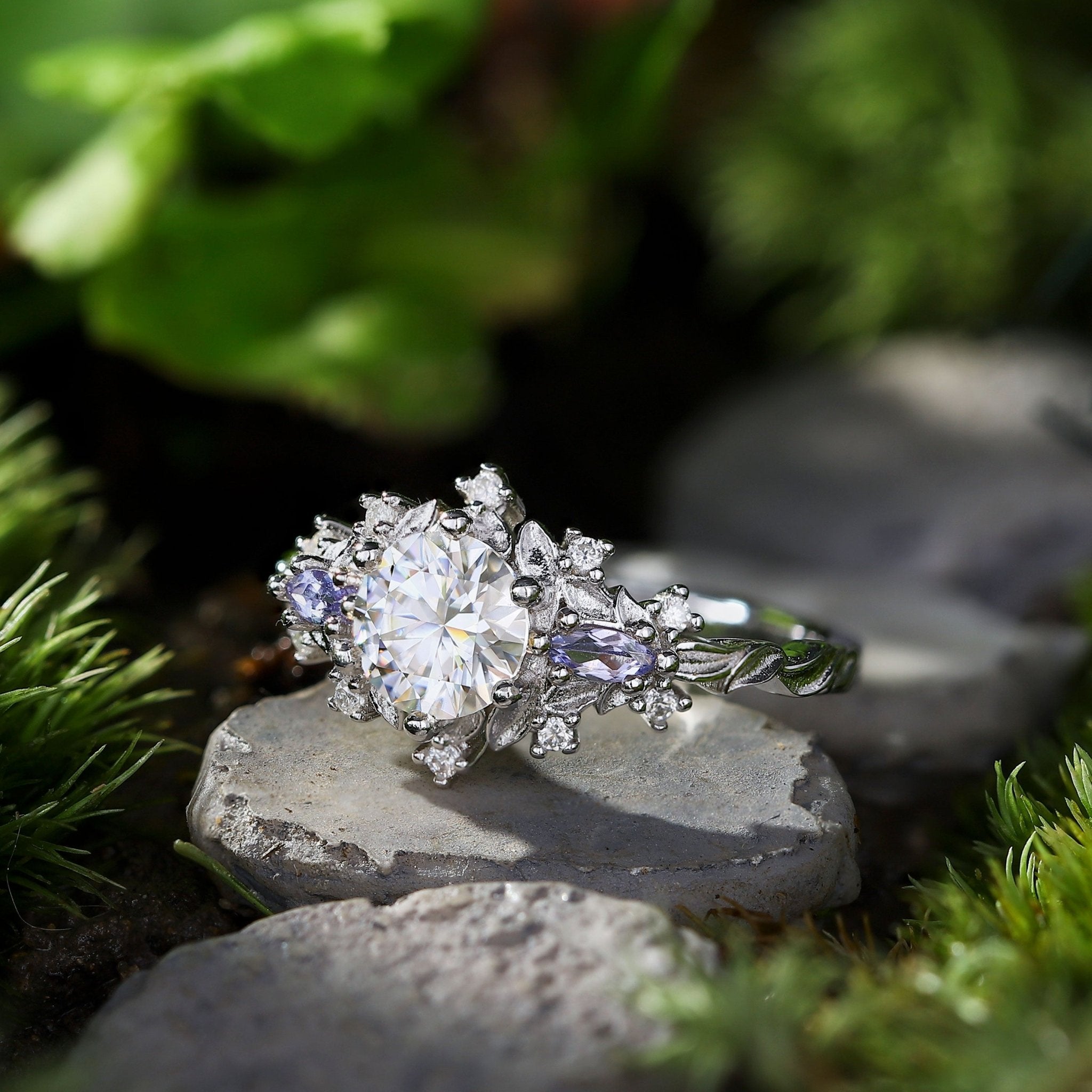 Unique Briar Rose Three Stone Round Moissanite Ring - Oore Jewelry