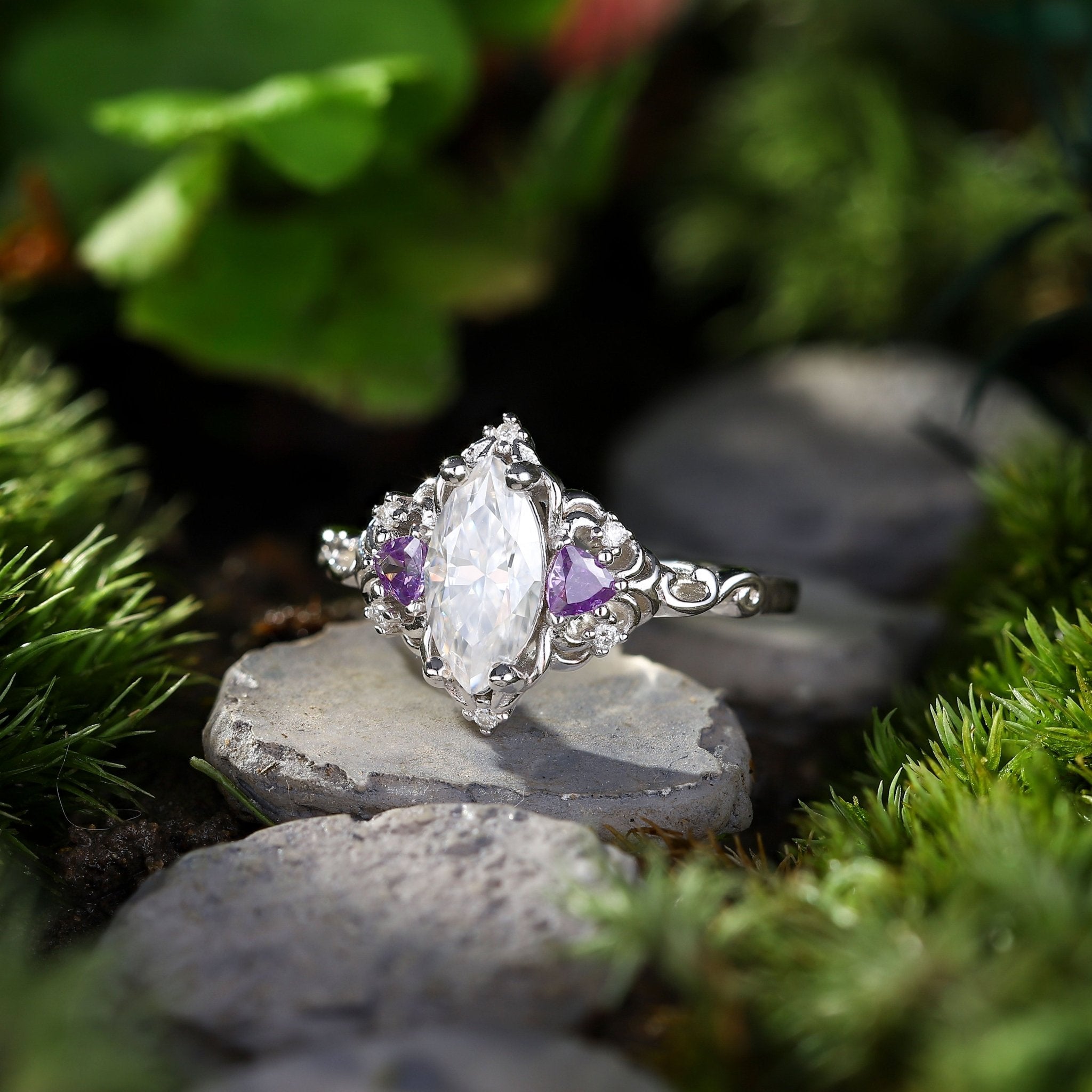 Unique Aurora Three Stone Marquise Moissanite and Tanzanite Ring - Oore Jewelry