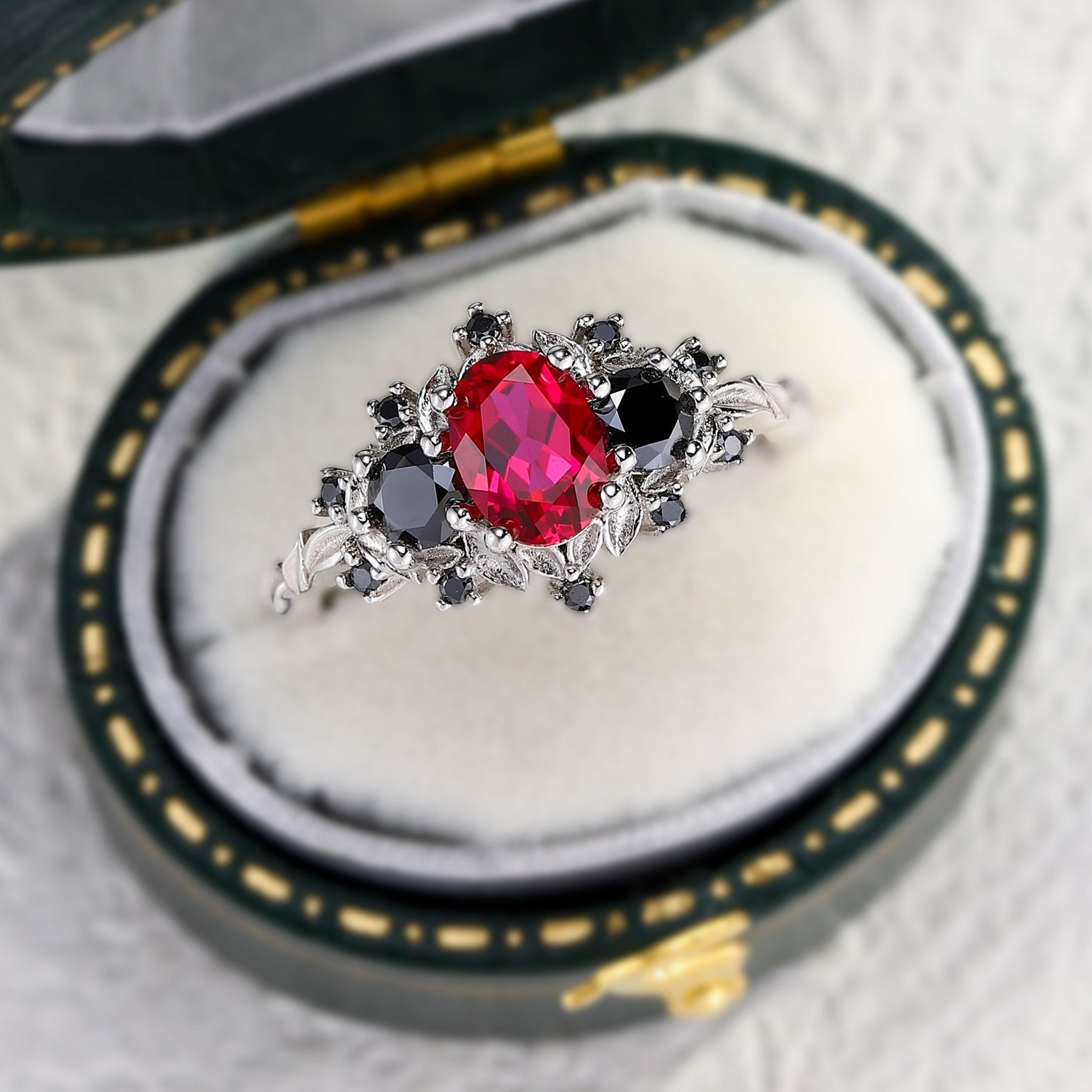 Unique Briar Rose Three Stone Oval Lab Ruby and Black onyx Ring - Oore Jewelry