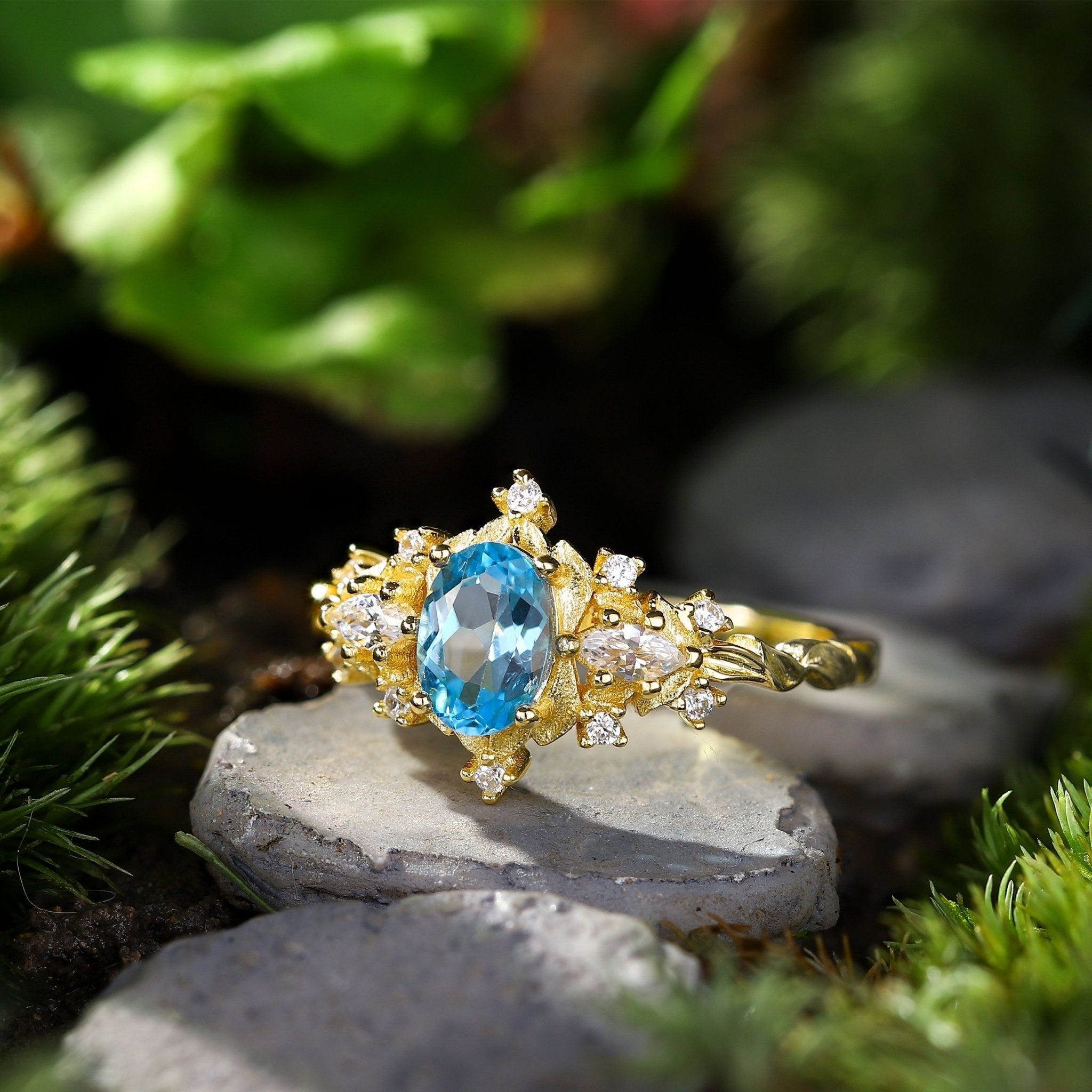Unique Briar Rose Three Stone Oval Lab Topaz Ring - Oore Jewelry