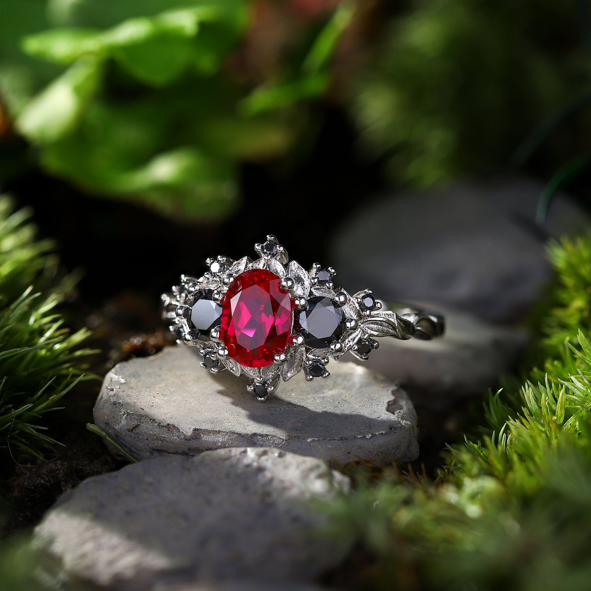Unique Briar Rose Three Stone Oval Lab Ruby and Black onyx Ring - Oore Jewelry