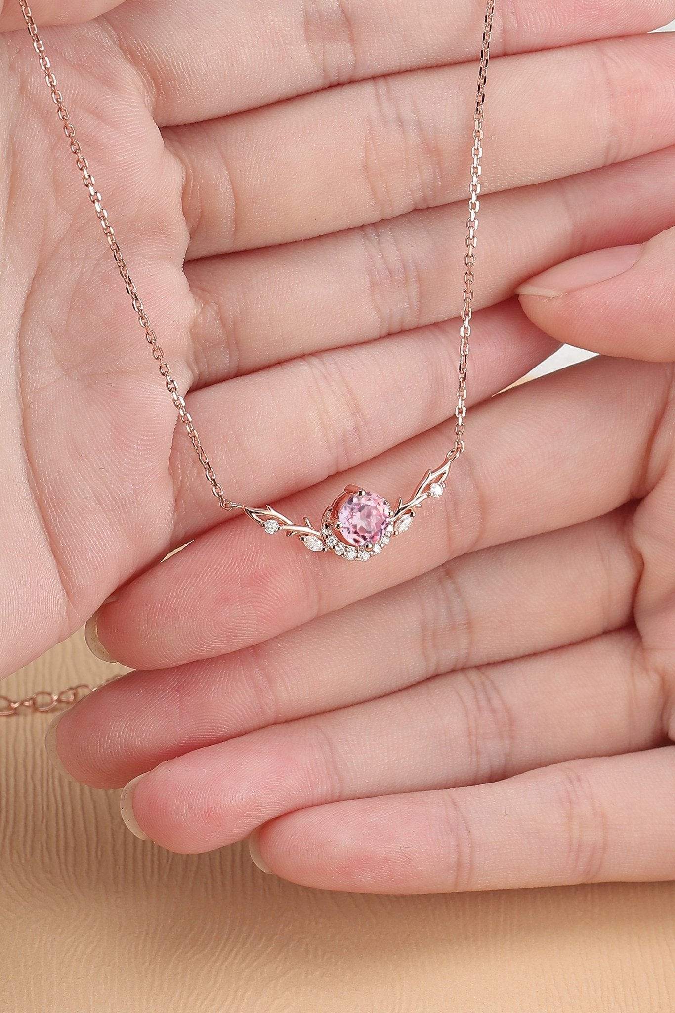 Unique Round Cut Lab Pink Sapphire Vine Necklace - Oore Jewelry