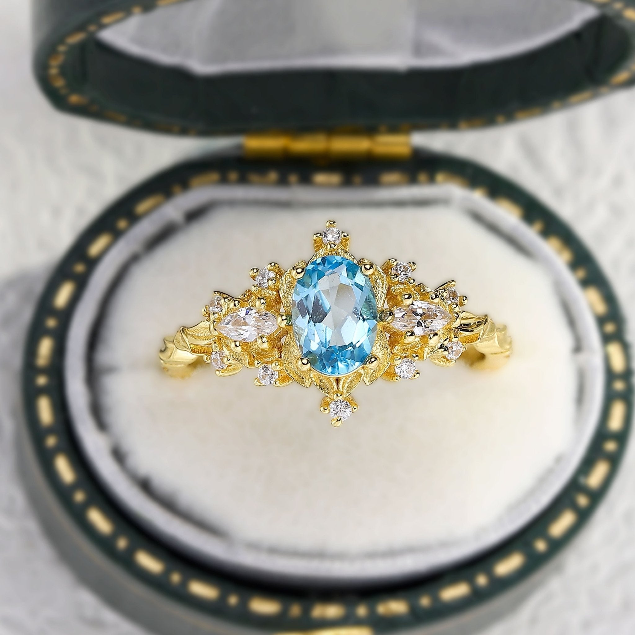 Unique Briar Rose Three Stone Oval Lab Topaz Ring - Oore Jewelry