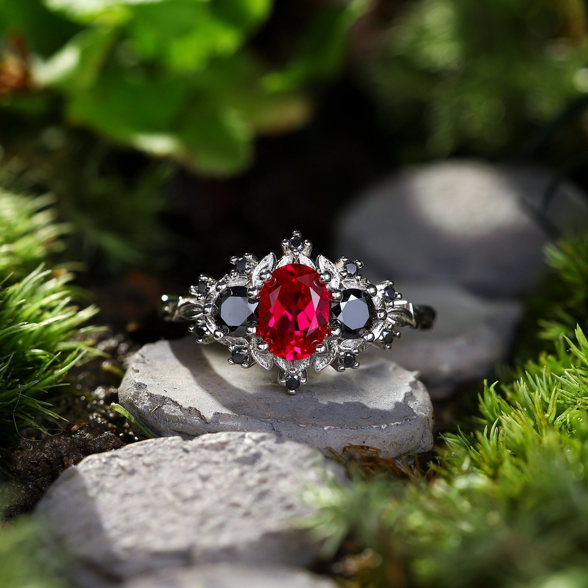 Unique Briar Rose Three Stone Oval Lab Ruby and Black onyx Ring - Oore Jewelry