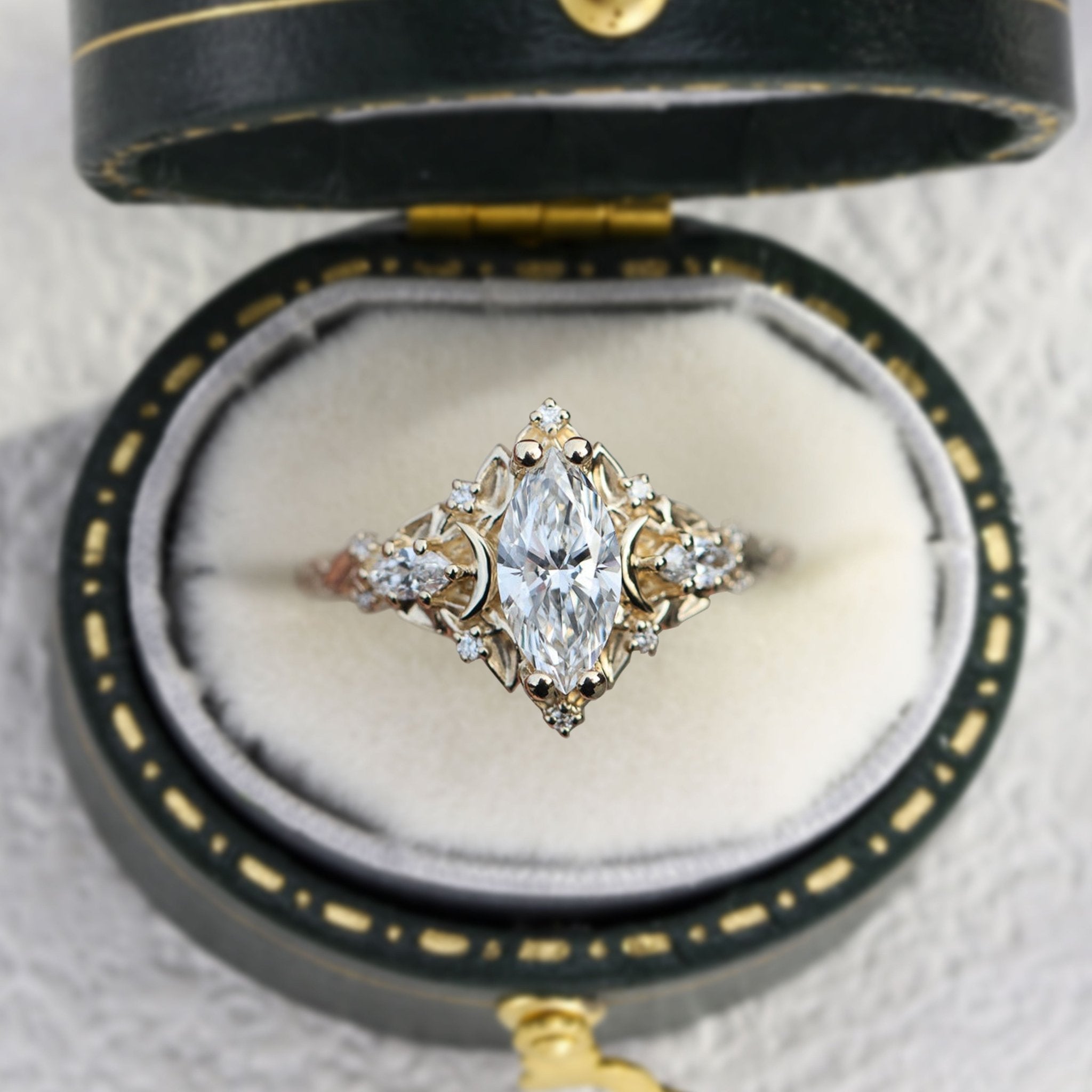Celestial Marquise Lab Grown Diamond Moon Engagement Ring - Oore Jewelry