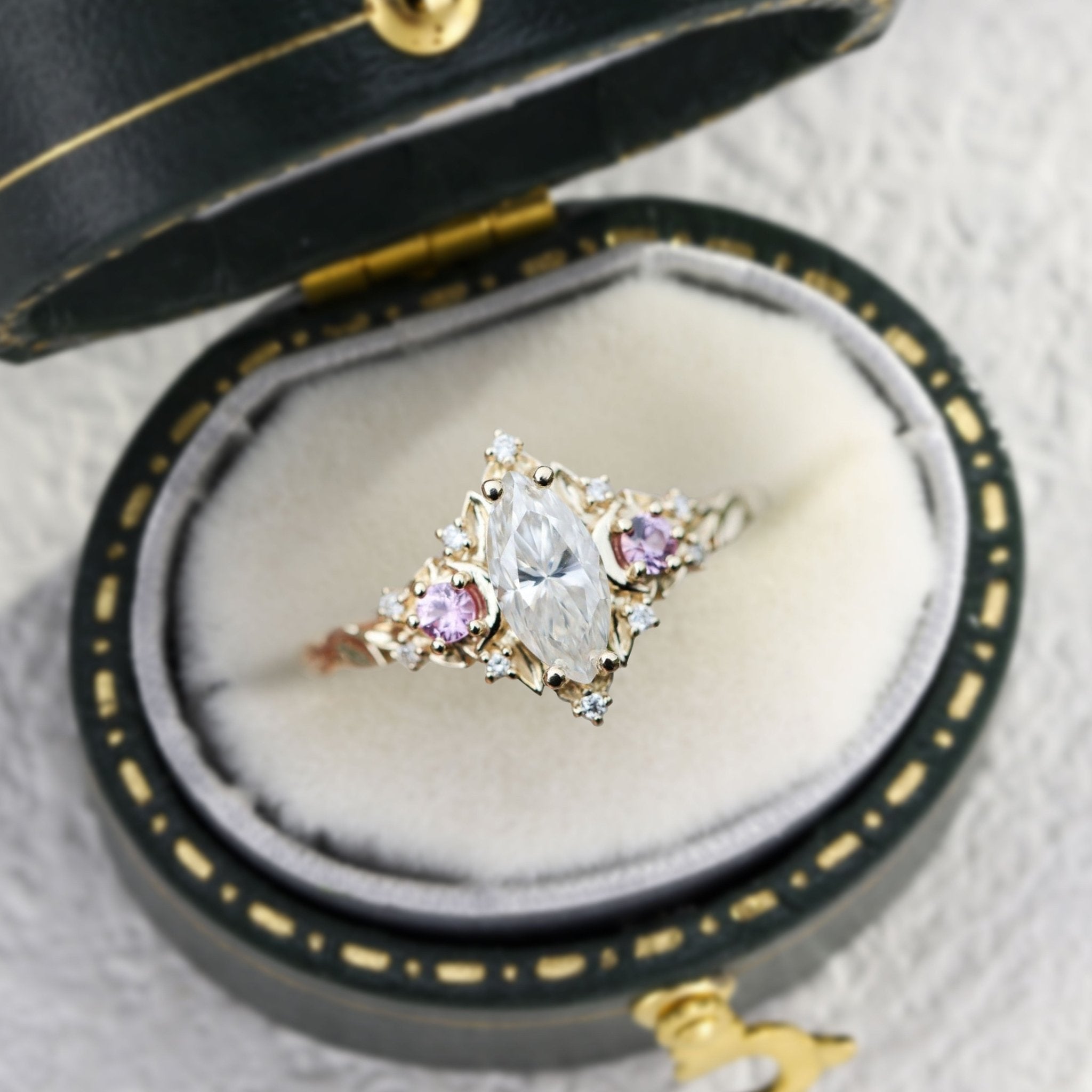 Unique floral Moon Three Stone Marquise Moissanite engagement Ring - Oore Jewelry