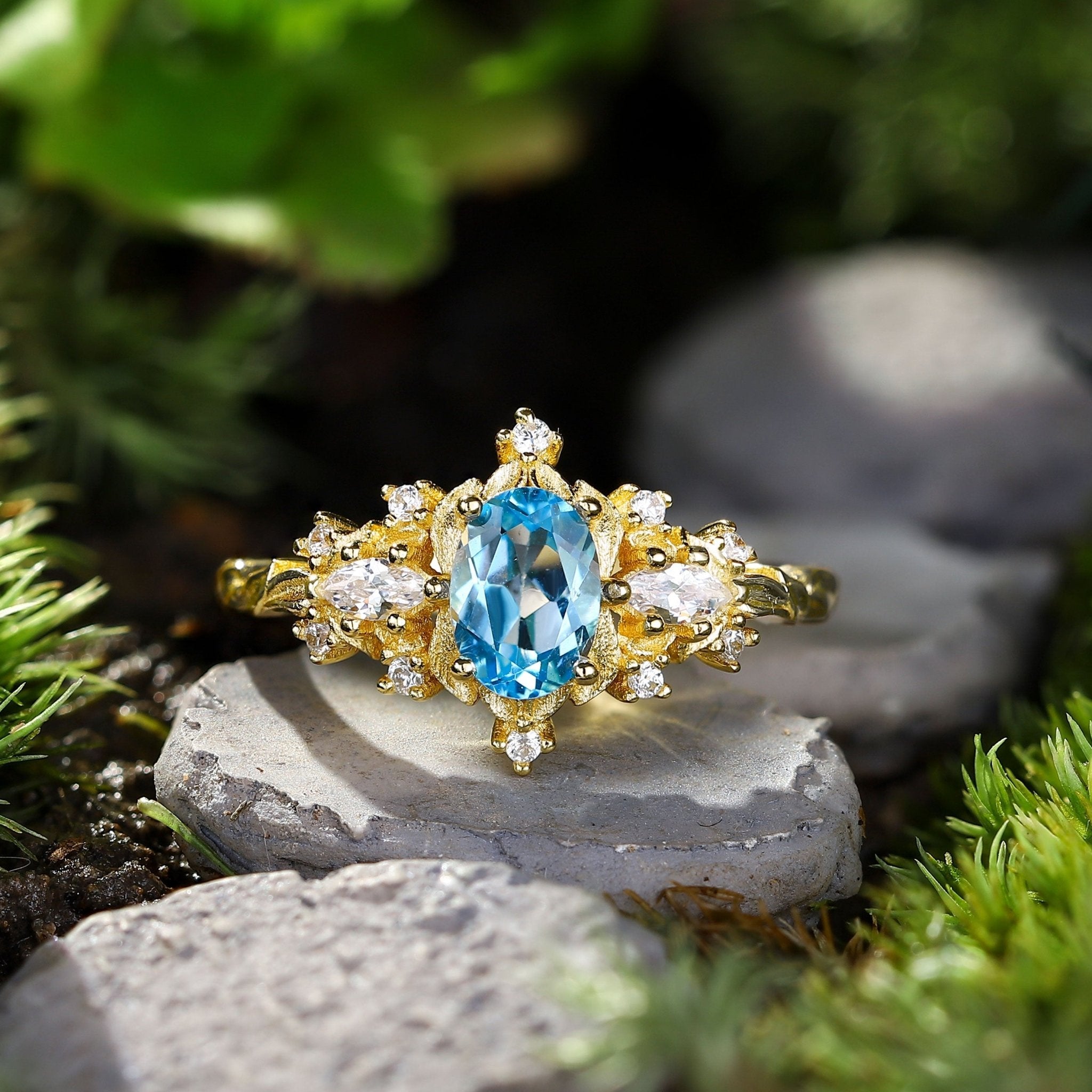 Unique Briar Rose Three Stone Oval Lab Topaz Ring - Oore Jewelry