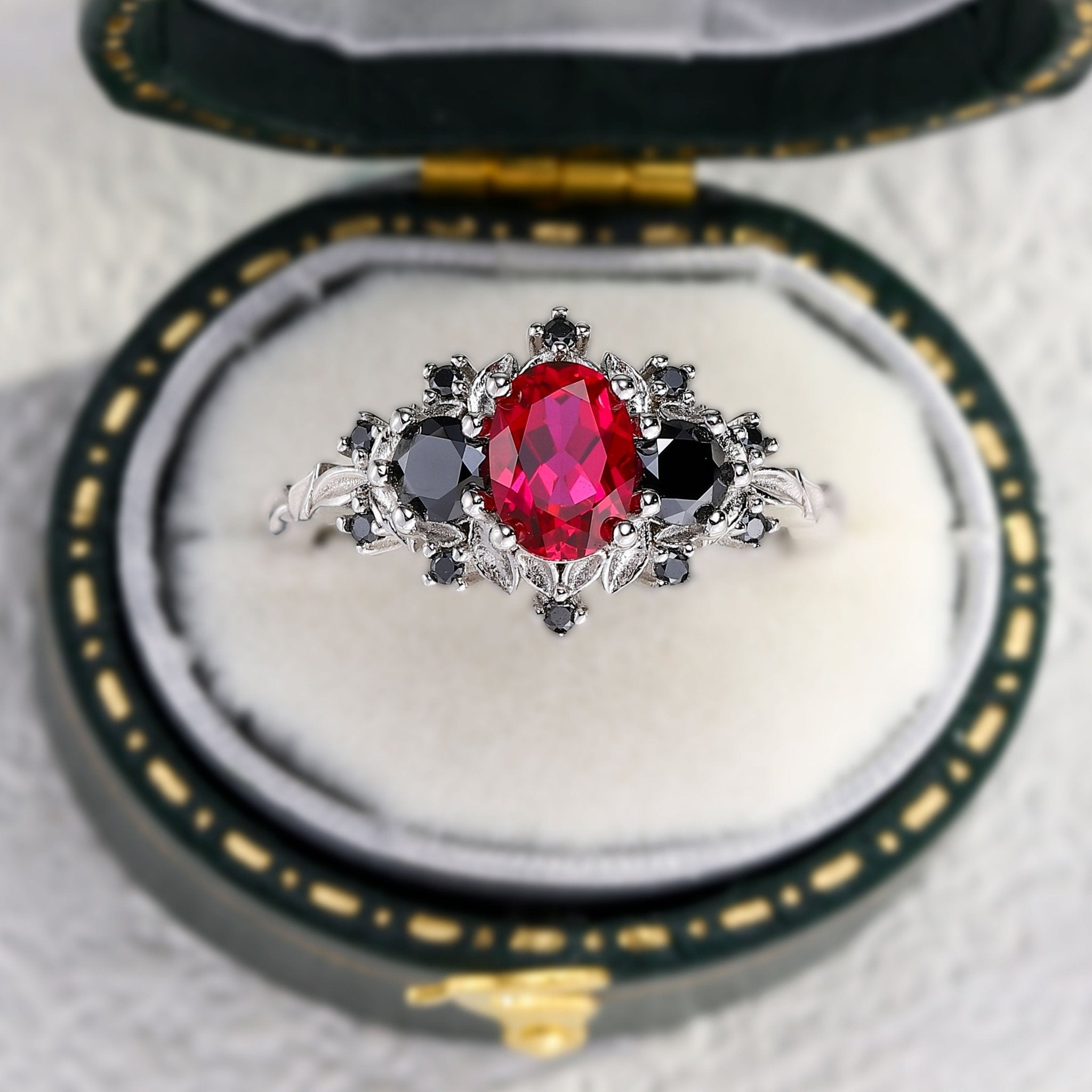 Unique Briar Rose Three Stone Oval Lab Ruby and Black onyx Ring - Oore Jewelry
