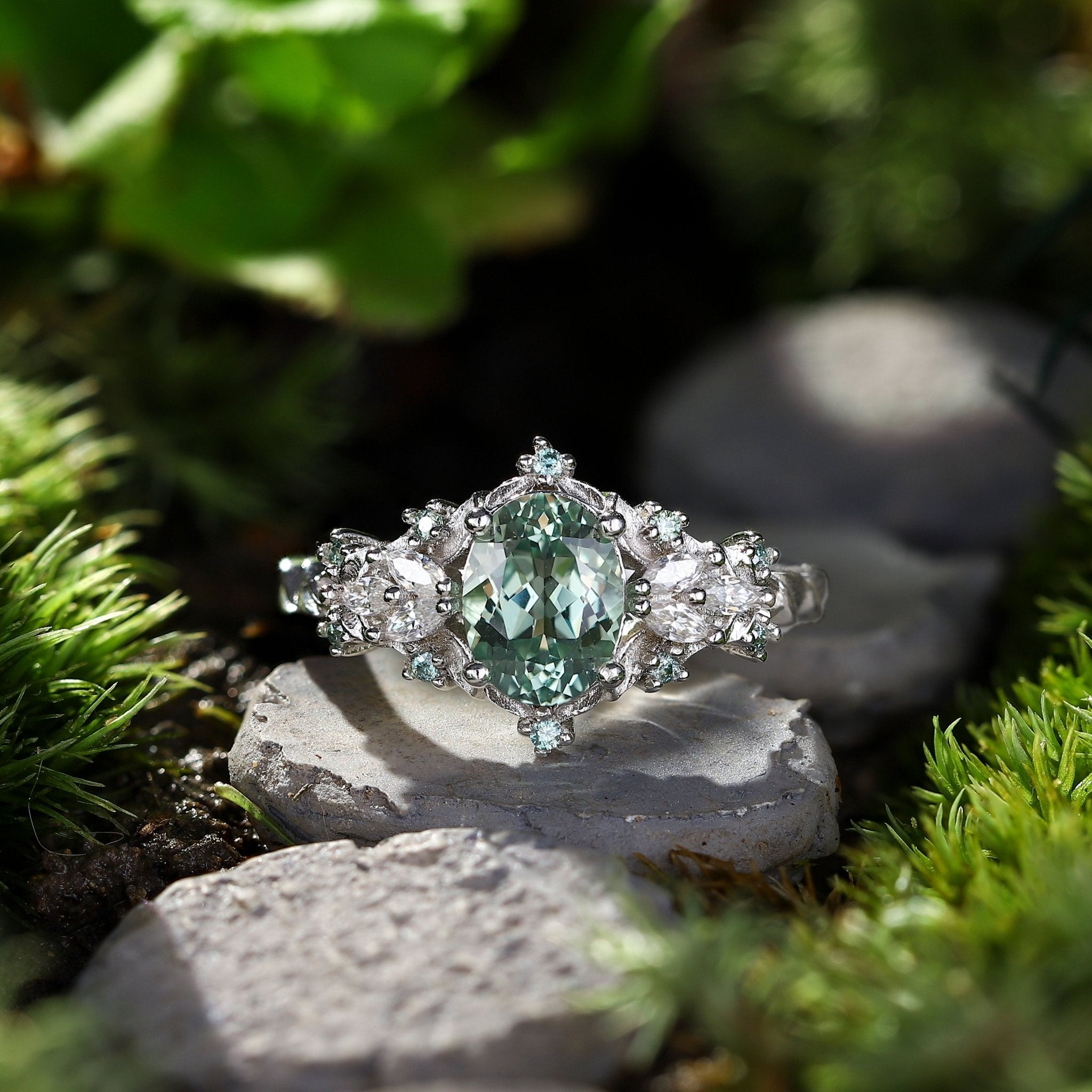 Unique Starlight Oval Green Lab Sapphire Engagement Ring - Oore Jewelry