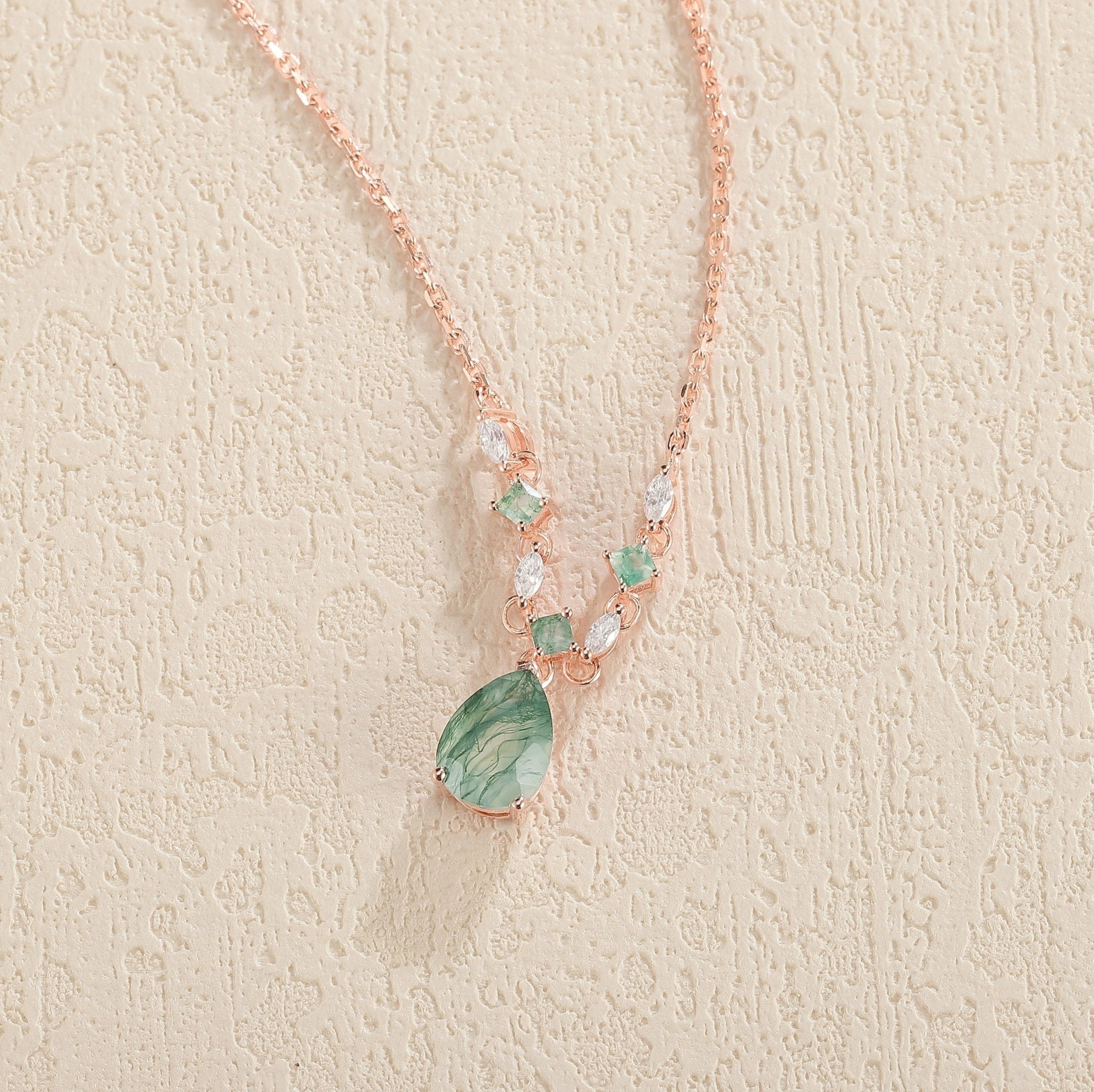 Unique Cluster Pear Cut Moss Agate and Moissanite Necklace - Oore Jewelry