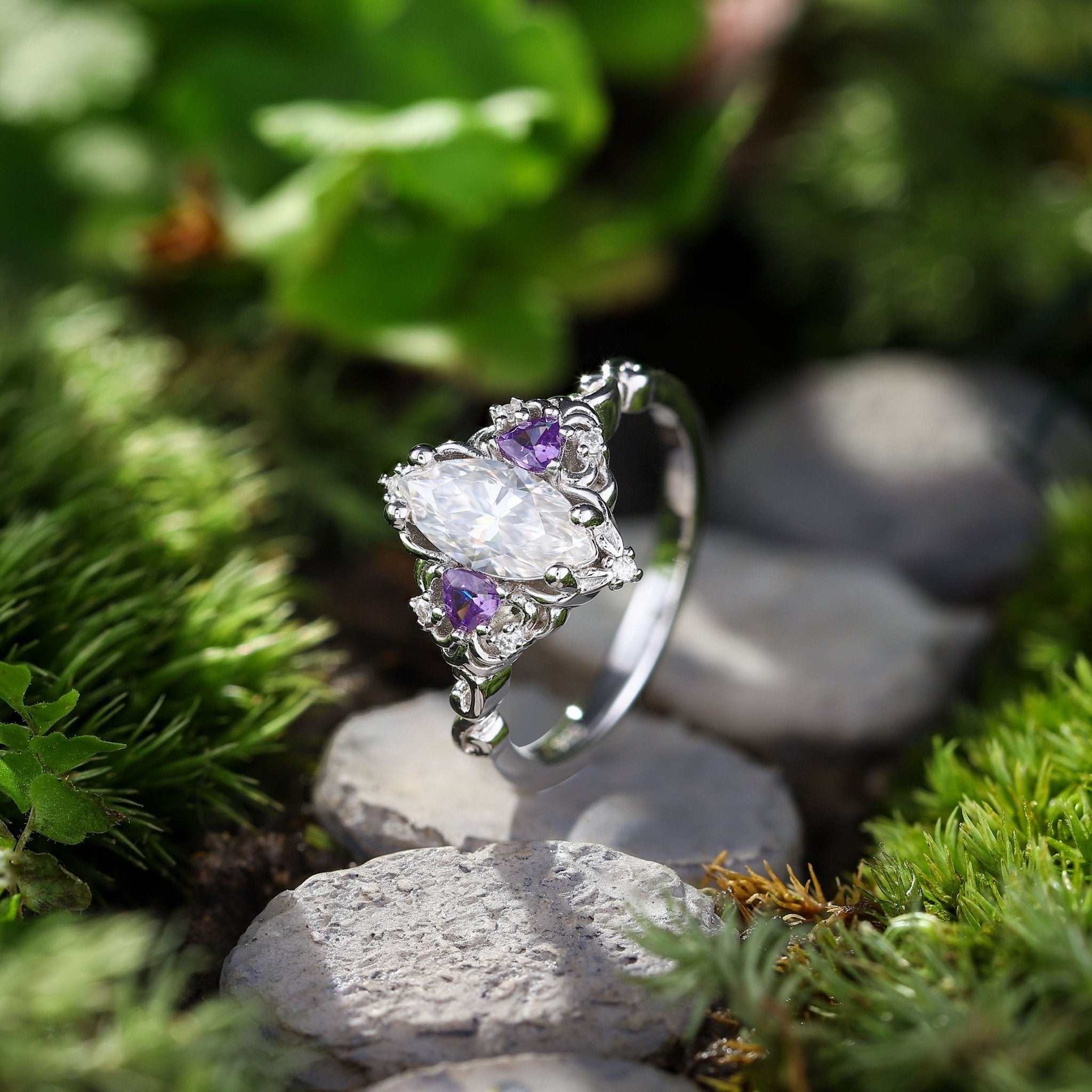 Unique Aurora Three Stone Marquise Moissanite and Tanzanite Ring - Oore Jewelry
