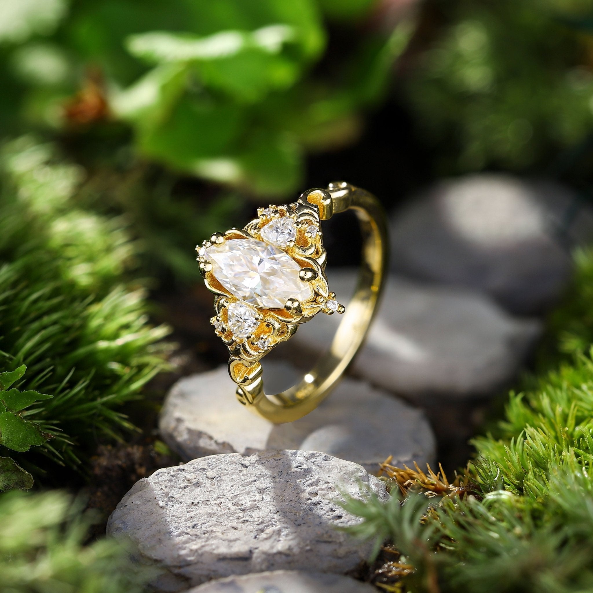 Unique Aurora Three Stone Marquise Moissanite Ring - Oore Jewelry