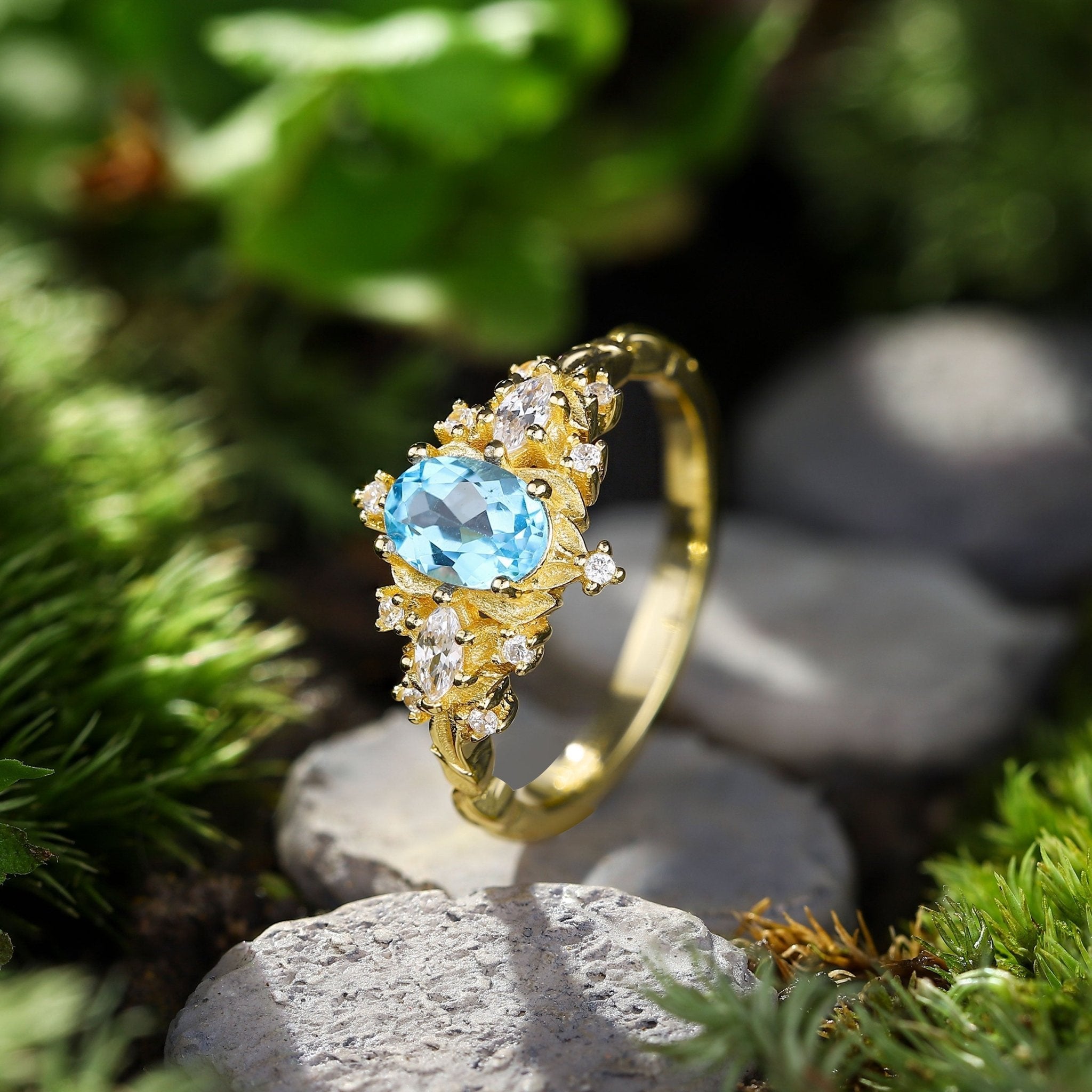 Unique Briar Rose Three Stone Oval Lab Topaz Ring - Oore Jewelry