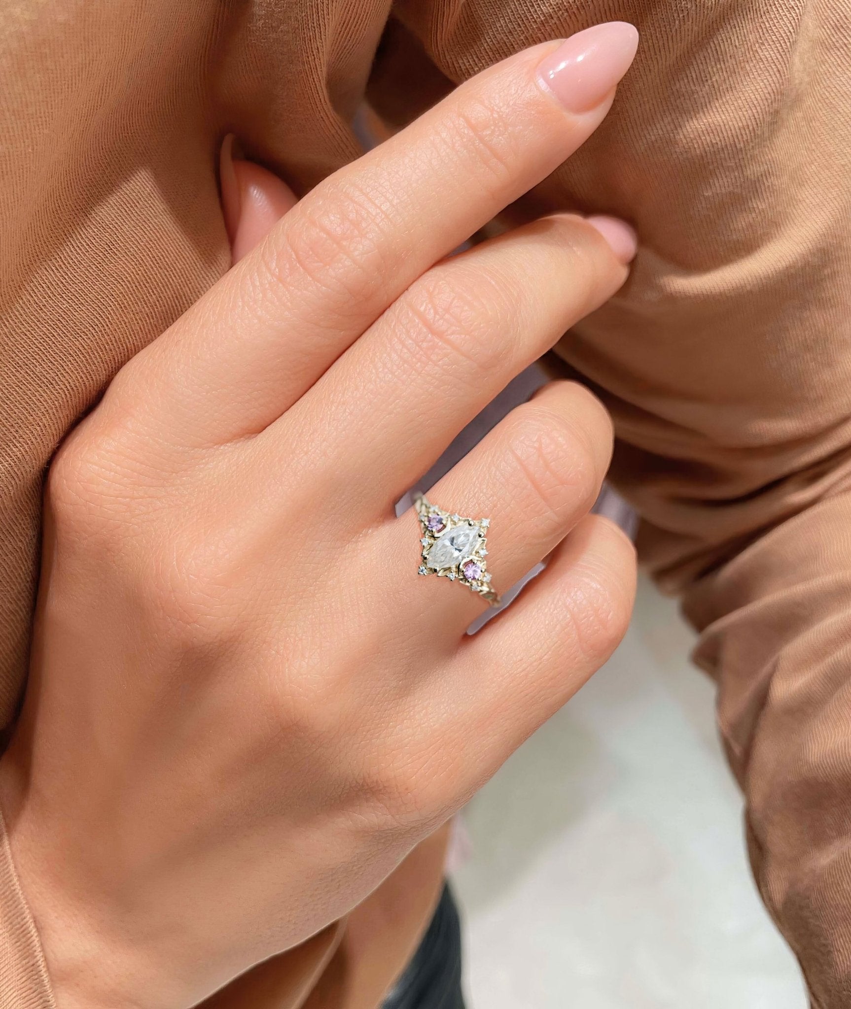 Unique floral Moon Three Stone Marquise Moissanite engagement Ring - Oore Jewelry