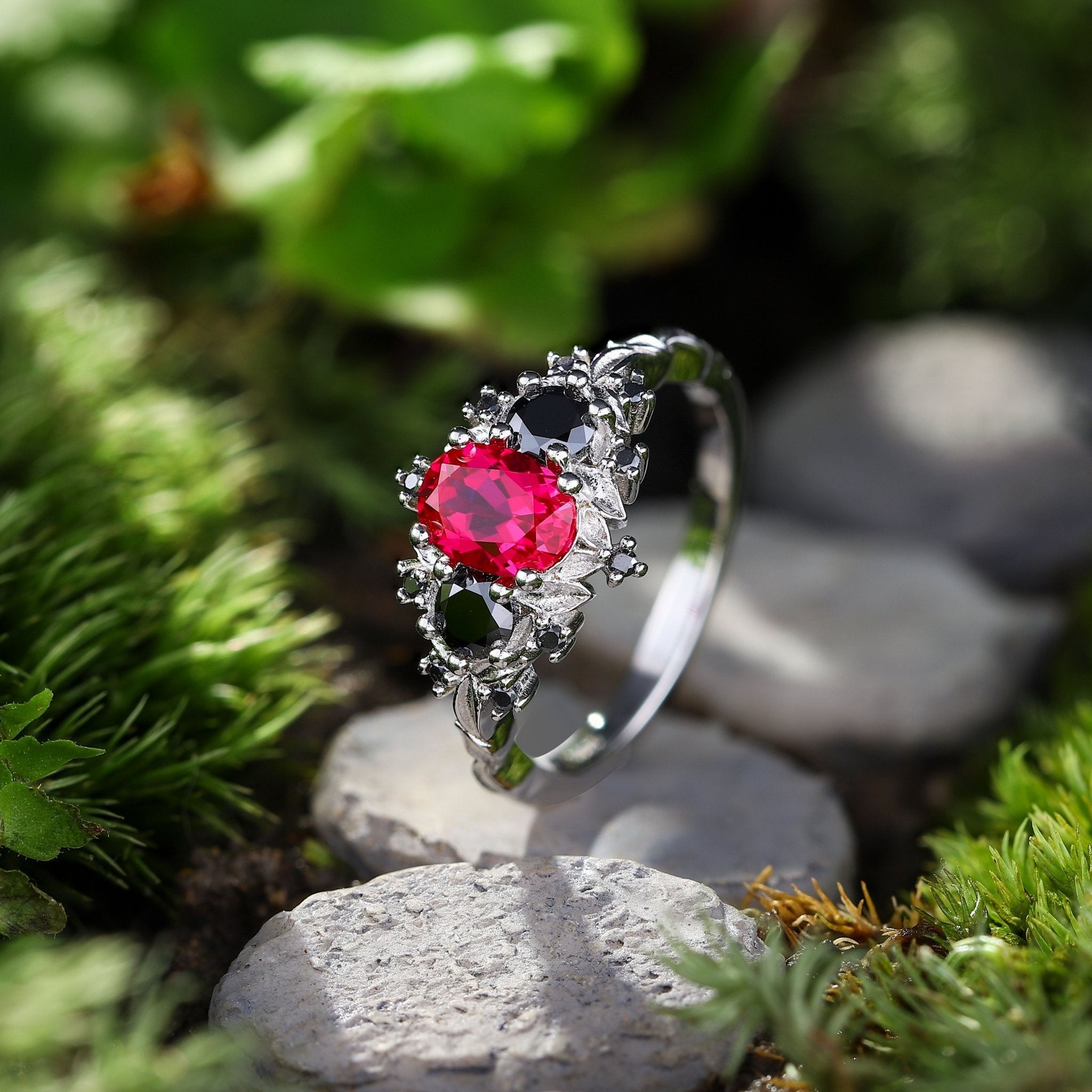 Unique Briar Rose Three Stone Oval Lab Ruby and Black onyx Ring - Oore Jewelry