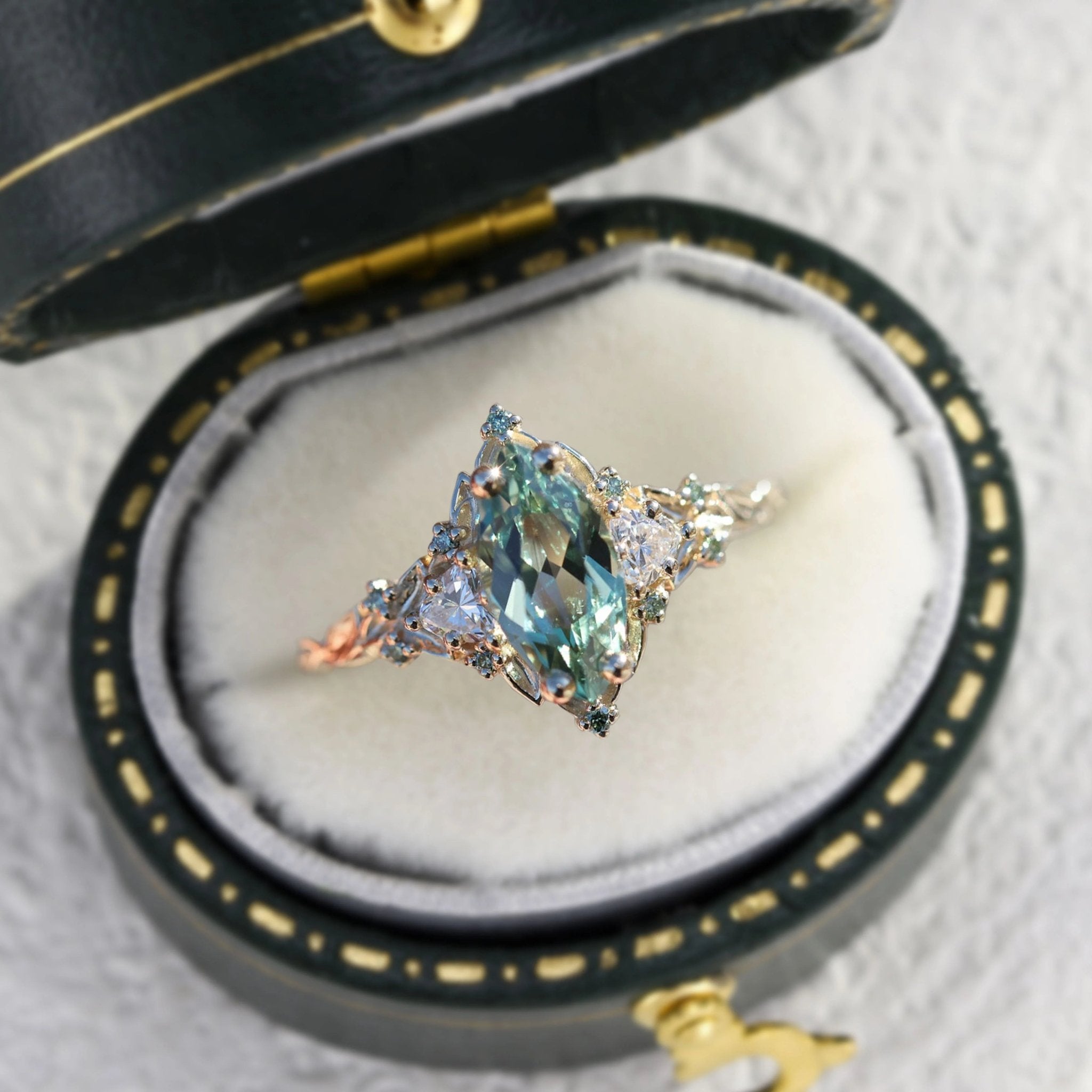 Unique Three Stone Marquise Green Lab Sapphire and Moissanite Ring - Oore Jewelry