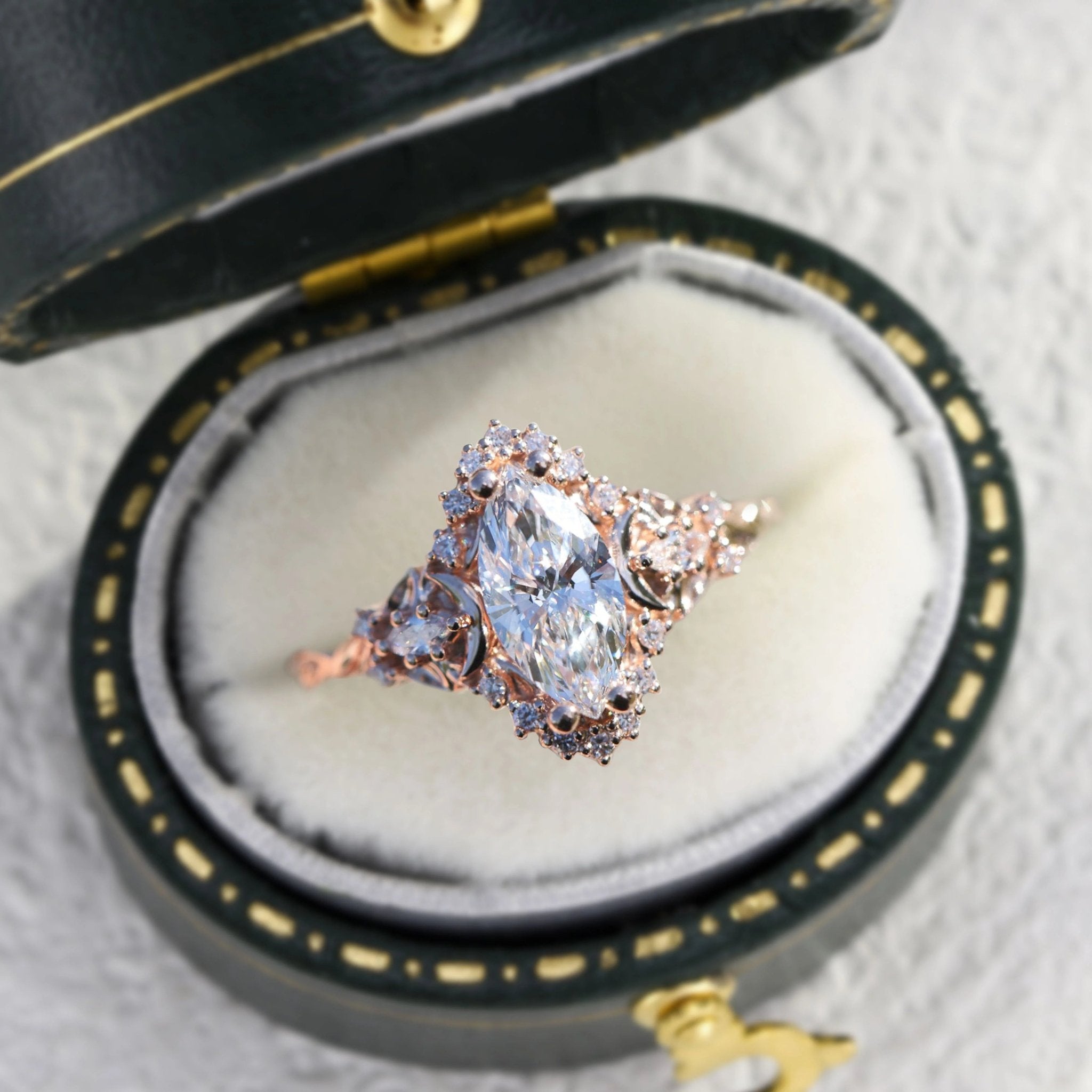 Unique floral engagement rings Moon three stone Half Halo Marquise Moissanite Ring - Oore Jewelry