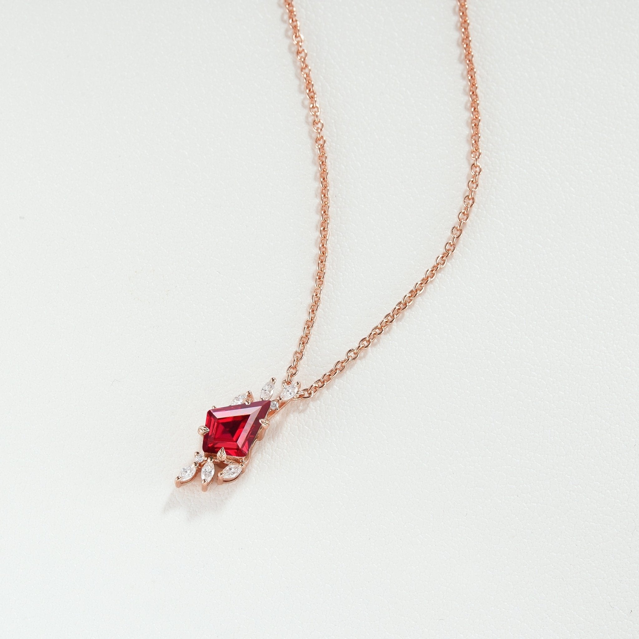 Unique Kite Cut Lab Ruby Leafy Necklace - Oore Jewelry