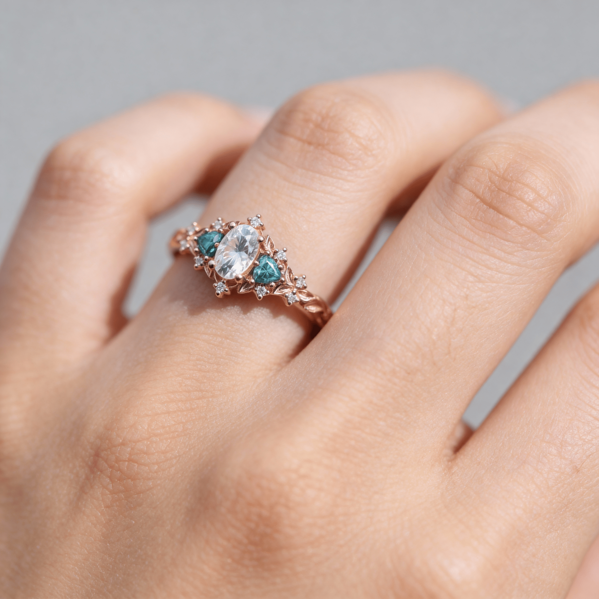 Briar Rose Three Stone Oval Teal Moissanite Engagement Ring - Oore Jewelry