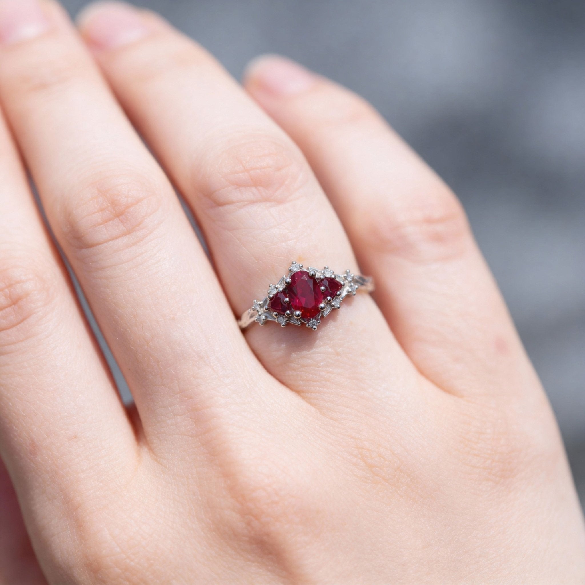 Briar Rose Three Stone Oval Lab Ruby Engagement Ring - Oore Jewelry