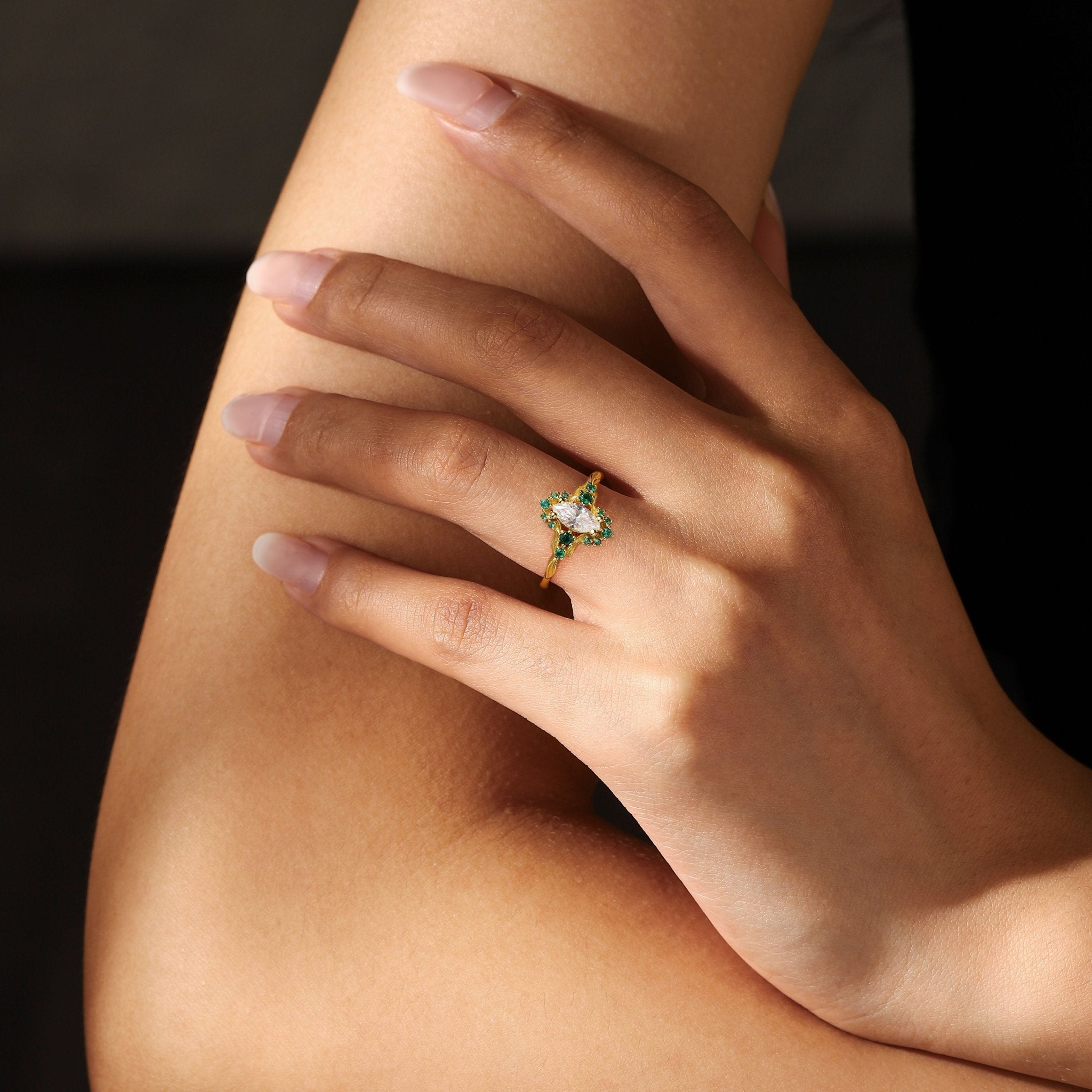 Unique Astraea Half Halo Marquise Moissanite Ring - Oore Jewelry