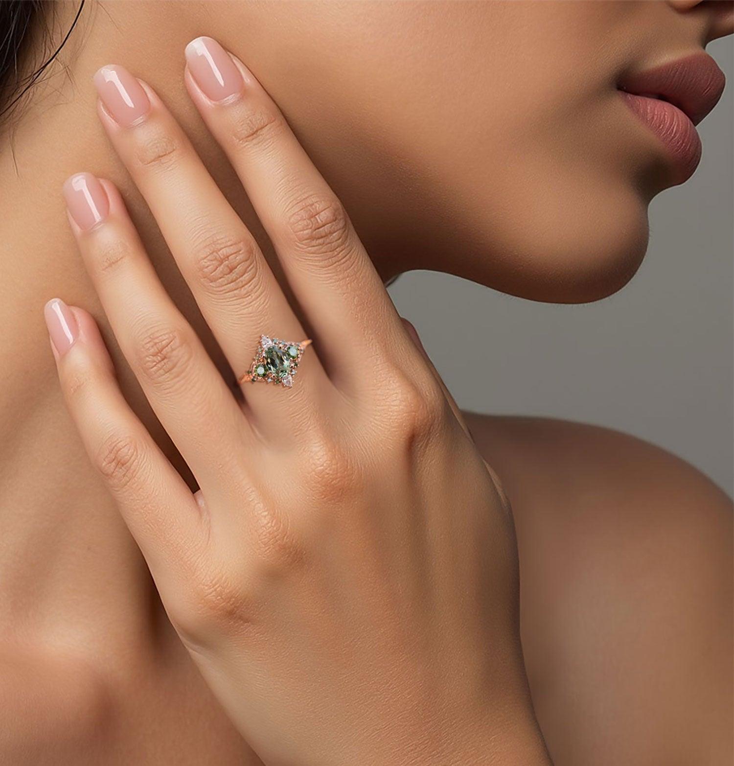 Unique Oval Shaped Green Lab Sapphire Wedding Ring Band Rose Gold Enchanted Briar Sapphire Engagement Ring Curved Wedding Band Anniversary Rings For Women - Loveden Jewelry